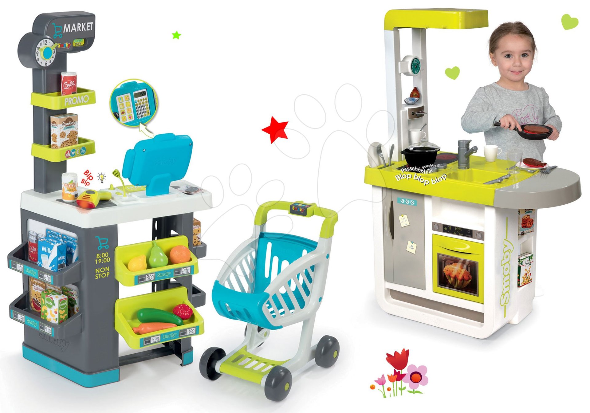 Smoby set obchod s potravinami Market a elektronická kuchynka Cherry zelená 350212-2