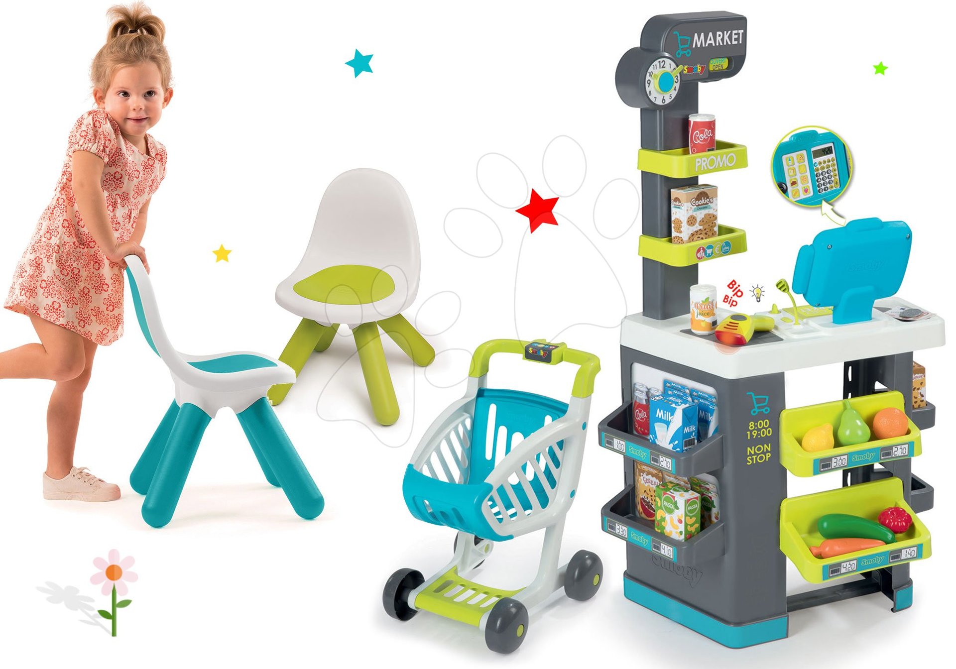 Smoby set obchod Market s elektronickou pokladňou a stoličkami KidChair 350212-20