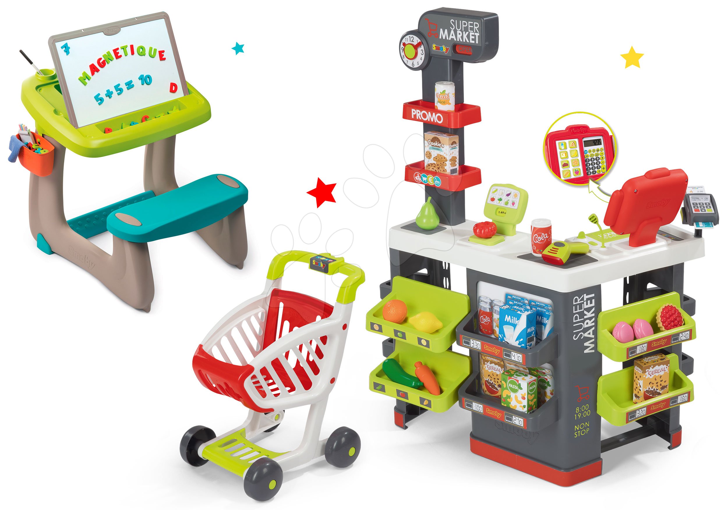 Smoby obchod s vozíkom Supermarket a lavica s odkladacím priestorom a obojstrannou tabuľou 350213-1