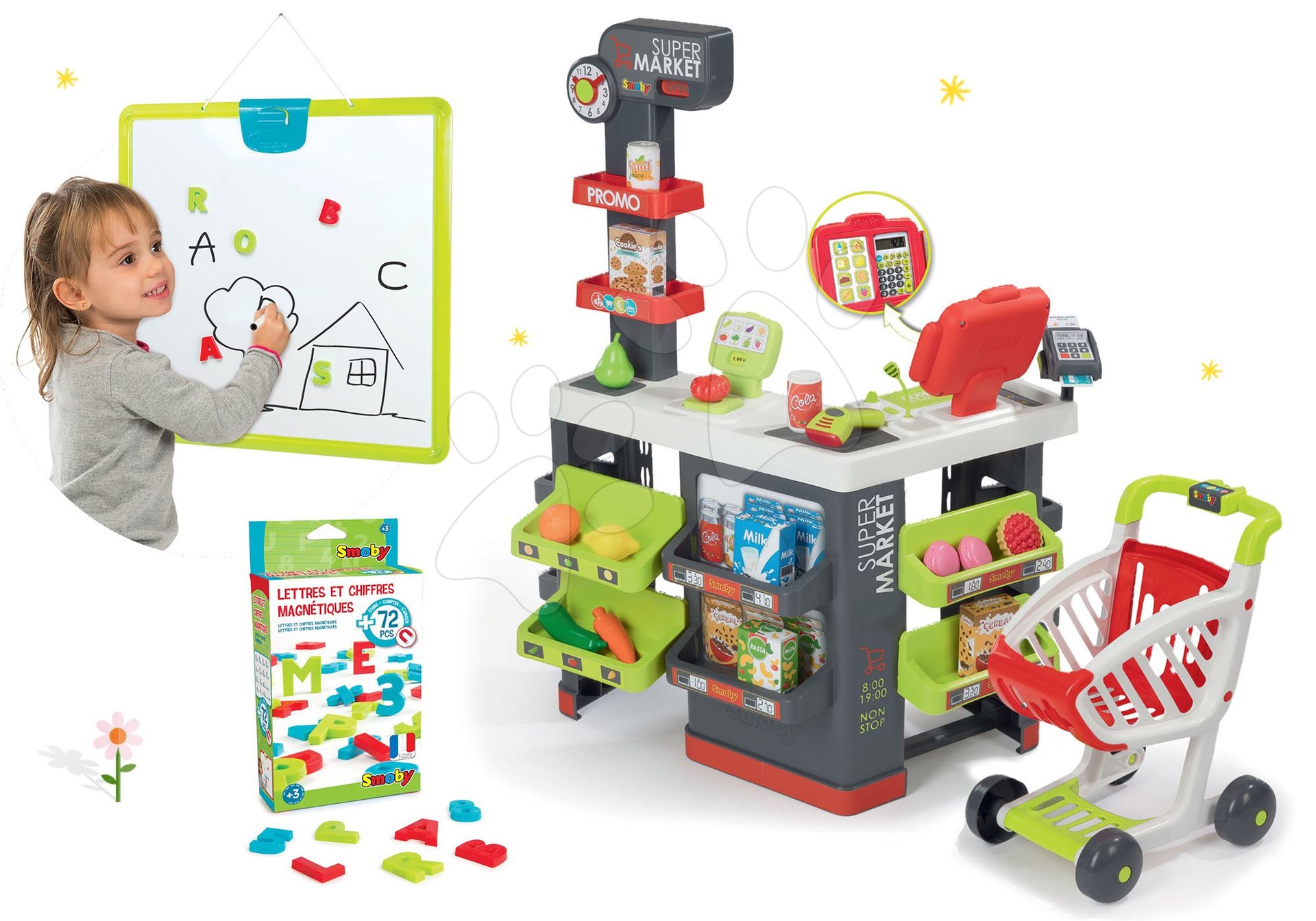 Smoby obchod Supermarket s pokladňou a magnetická tabuľa s magnetkami 350213-33