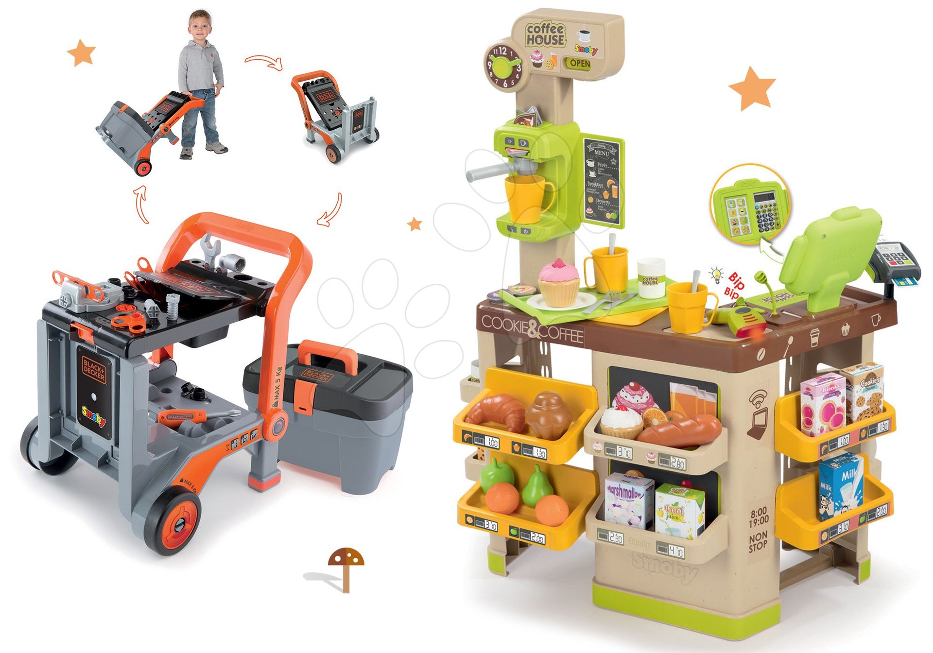 Smoby set kaviareň s Espresso kávovarom a pracovná dielňa Black&Decker Devil Workmate 350214-15