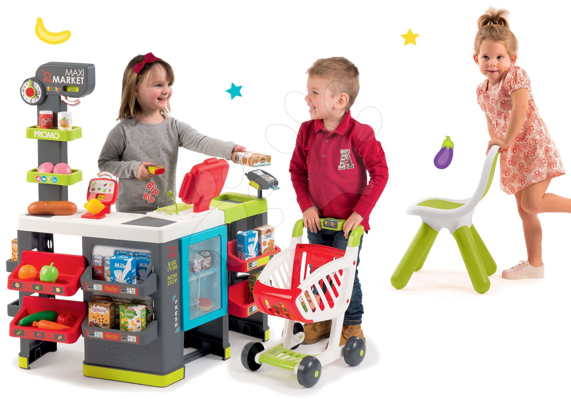 Smoby set obchod Maxi Market s pokladňou, vozíkom a zelenou stoličkou 350215-22