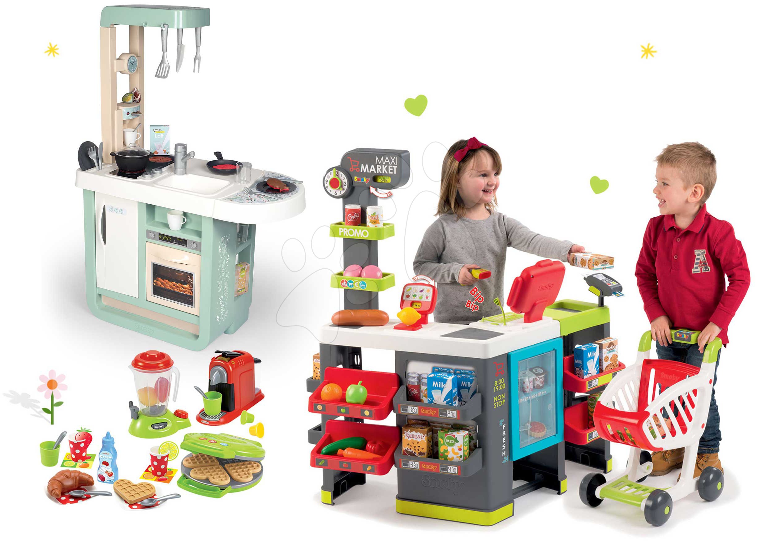 Obchody pre deti sety - Set obchod zmiešaný tovar Maximarket Smoby a kuchynka Cherry zvuková a vaflovač s mixérom a kávovarom