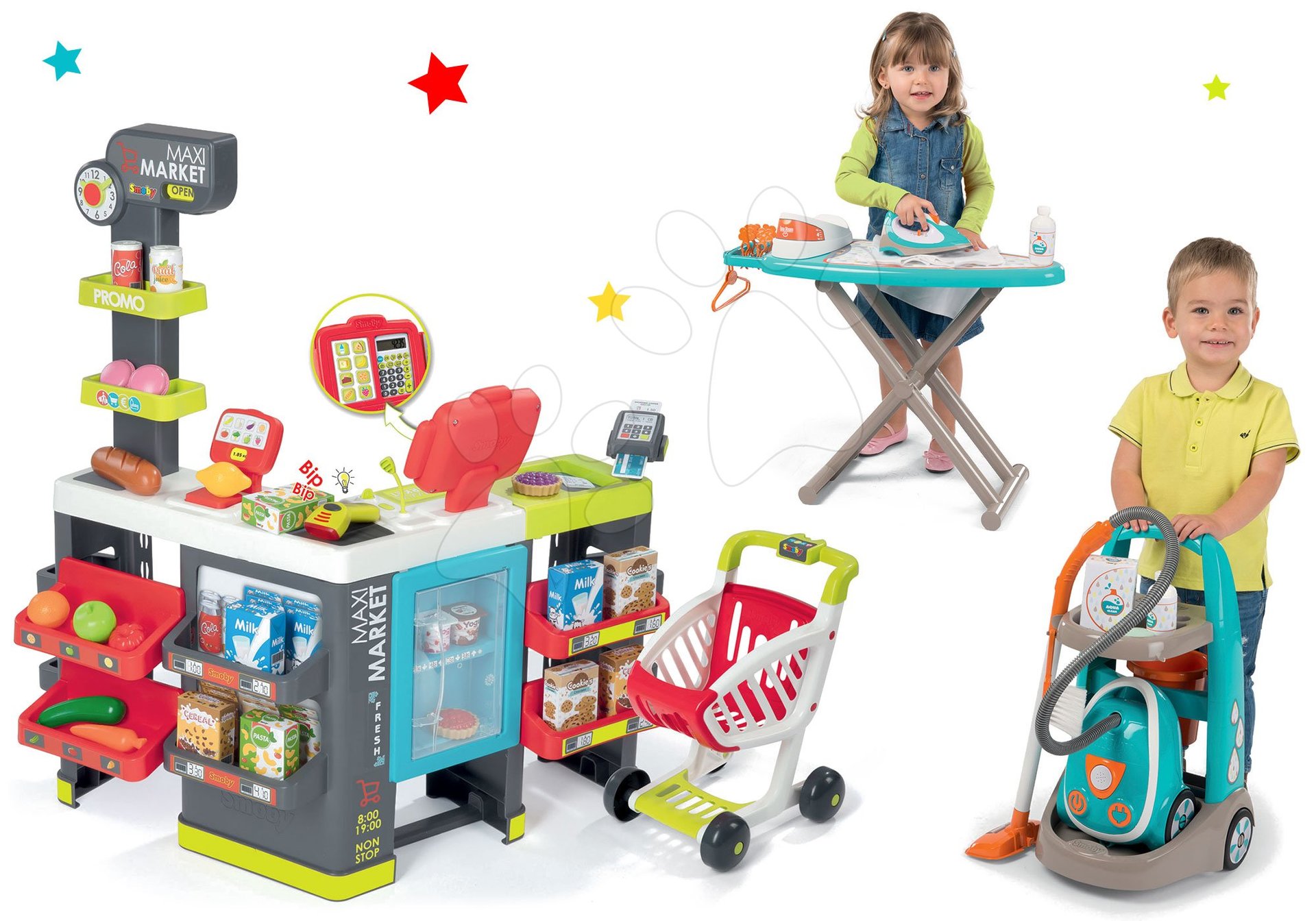 Obchody pro děti sety - Set obchod smíšené zboží Maximarket Smoby a úklidový vozík s elektronickým vysavačem a žehlicím prknem