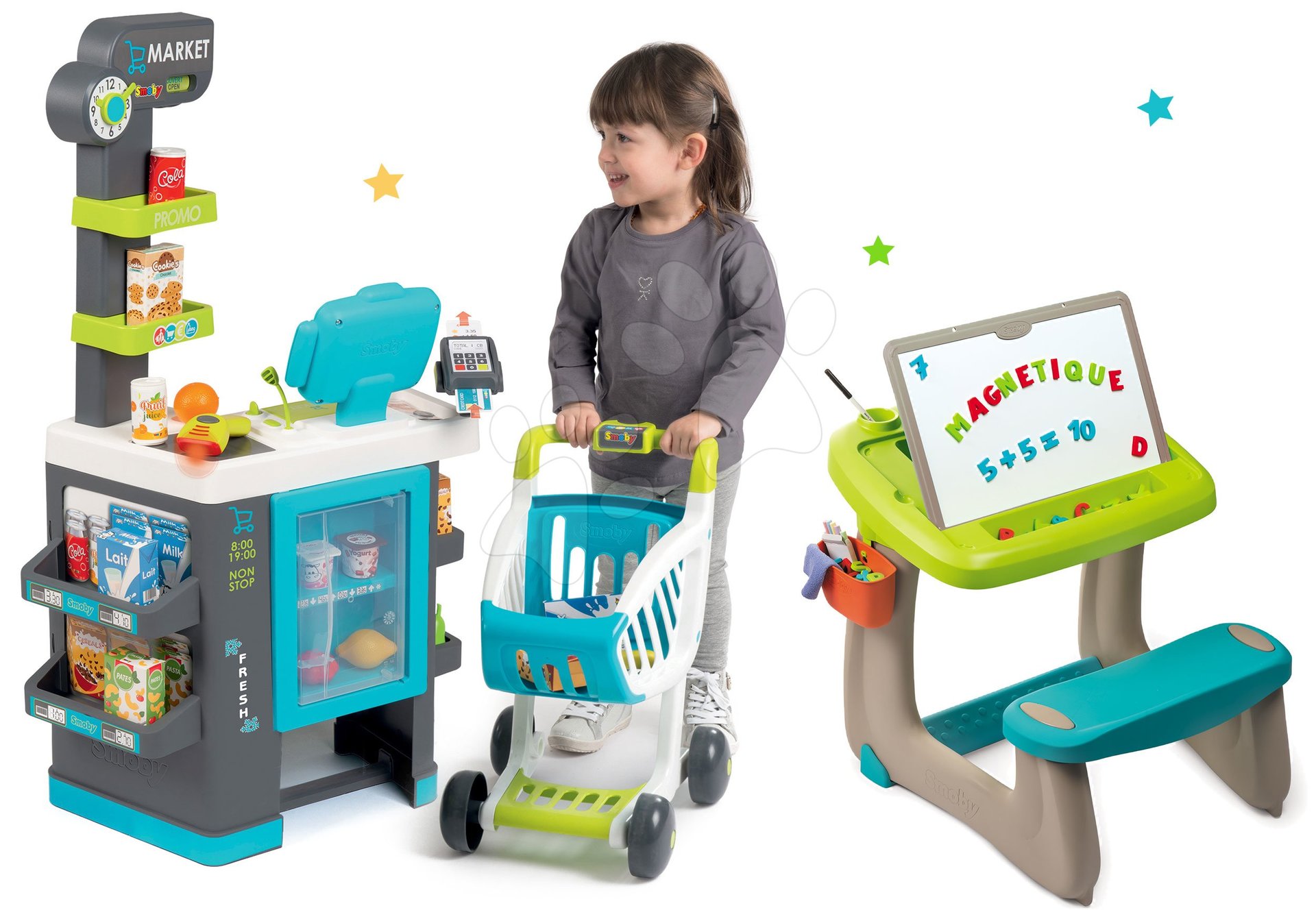 Set obchod s chladiacim boxom Fresh City Market Smoby s elektronickou pokladňou a magnetická lavica s obojstrannou tabuľou