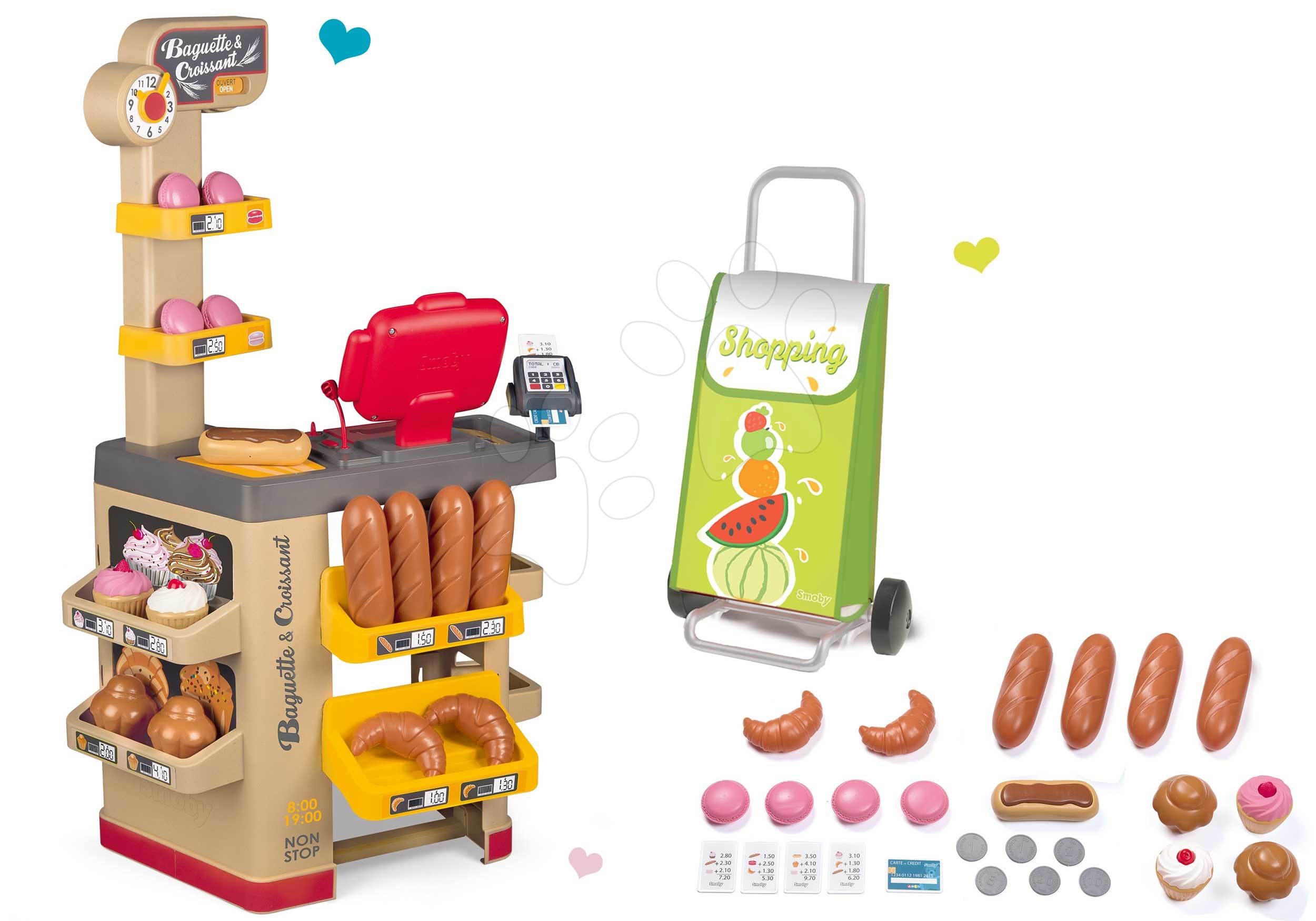 Szupermarketek gyerekeknek - Szett pékség pékáruval Baguette&Croissant Bakery Smoby elektronikus pénztárgéppel és kerekes bevásárlókocsival