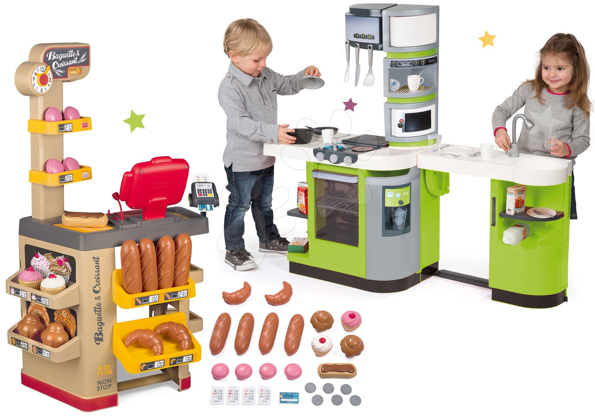 Obchody pre deti sety - Set pekáreň s koláčmi Baguette&Croissant Bakery Smoby s elektronickou pokladňou a kuchynka CookMaster s ľadom a opečenými potravinami