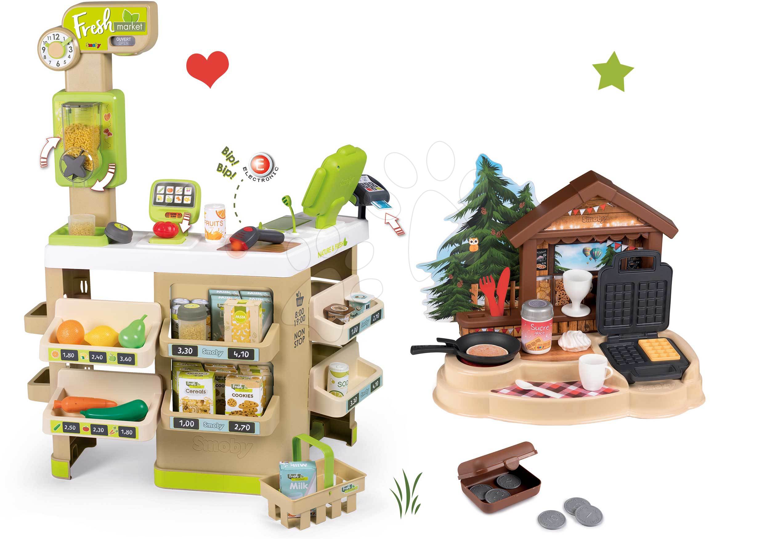 Set obchod Ovocie-Zelenina Organic Fresh Market Smoby s vaflovačom v kuchynke na horskej chate