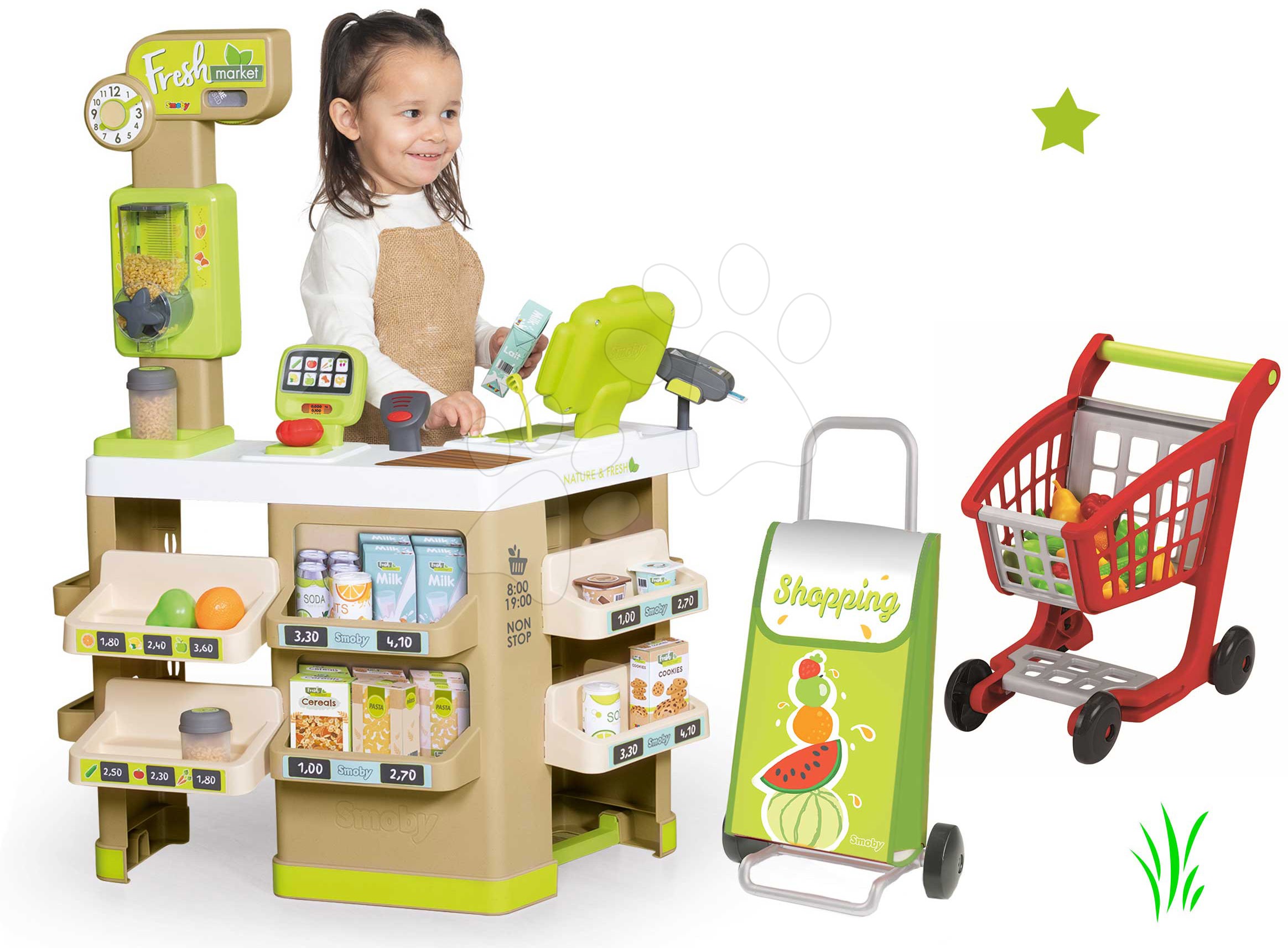 Set obchod Ovoce-Zelenina Organic Fresh Market Smoby s nákupní taškou a vozíkem s potravinami