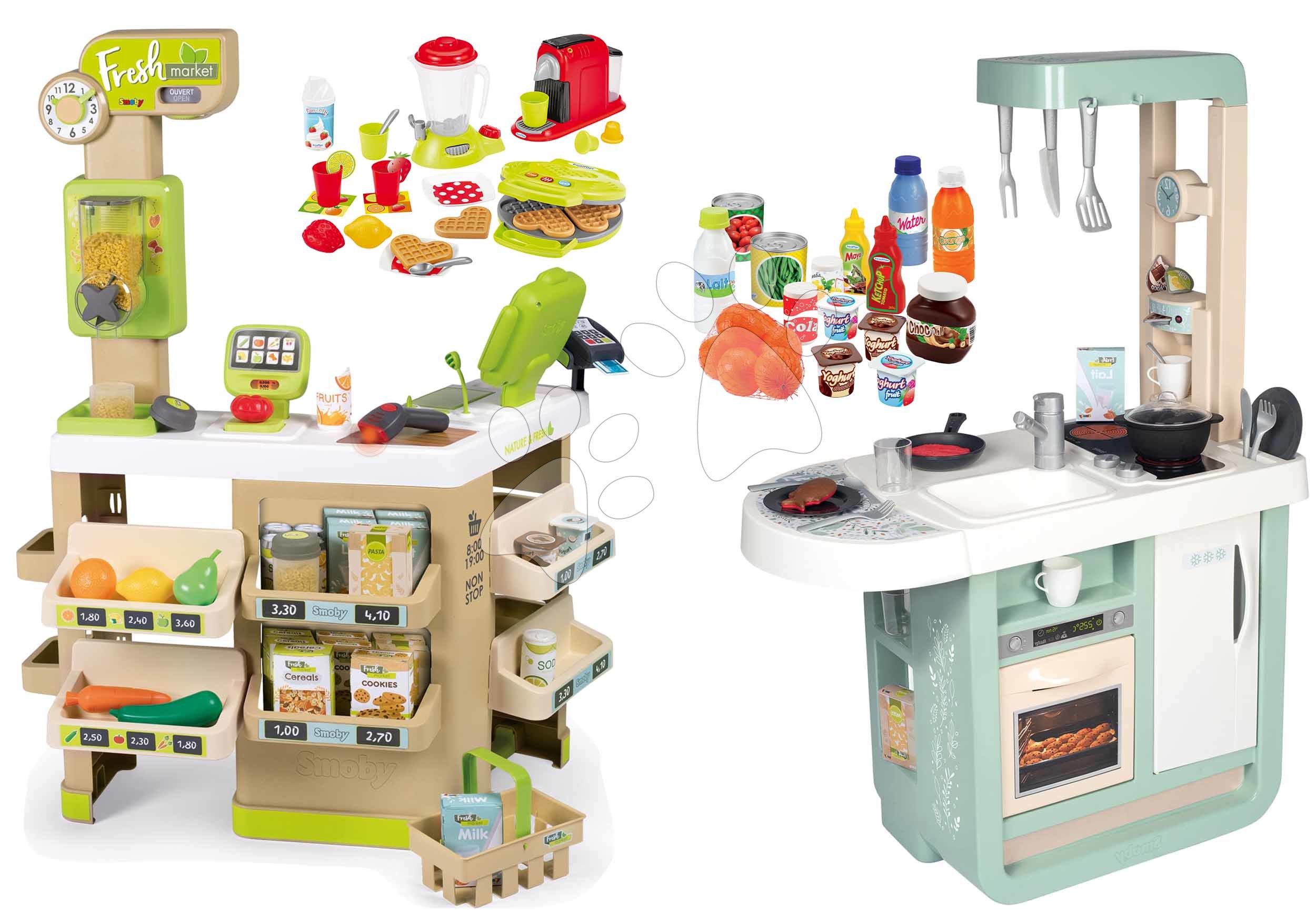 Set obchod Bio Ovocie-Zelenina Organic Fresh Market Smoby a elektronická kuchynka s vaflovačom mixérom kávovarom a potravinami