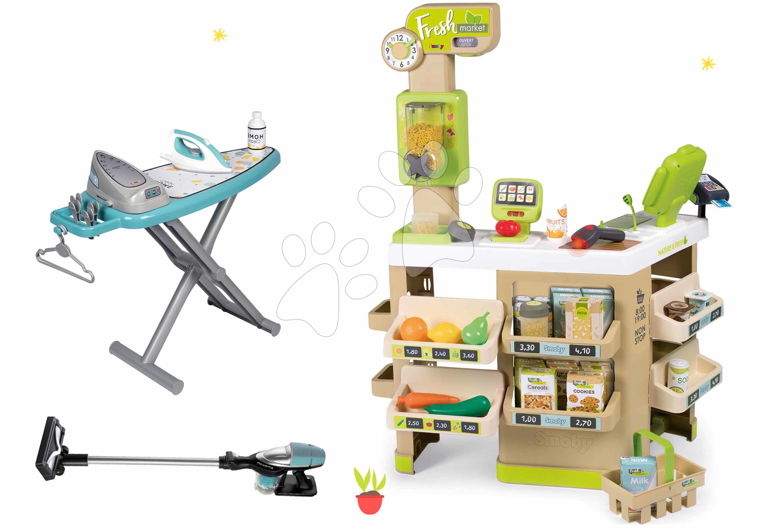 Obchody pre deti sety - Set obchod Bio Ovocie-Zelenina Organic Fresh Market Smoby a vysávač elektronický so žehliacou doskou a žehličkou