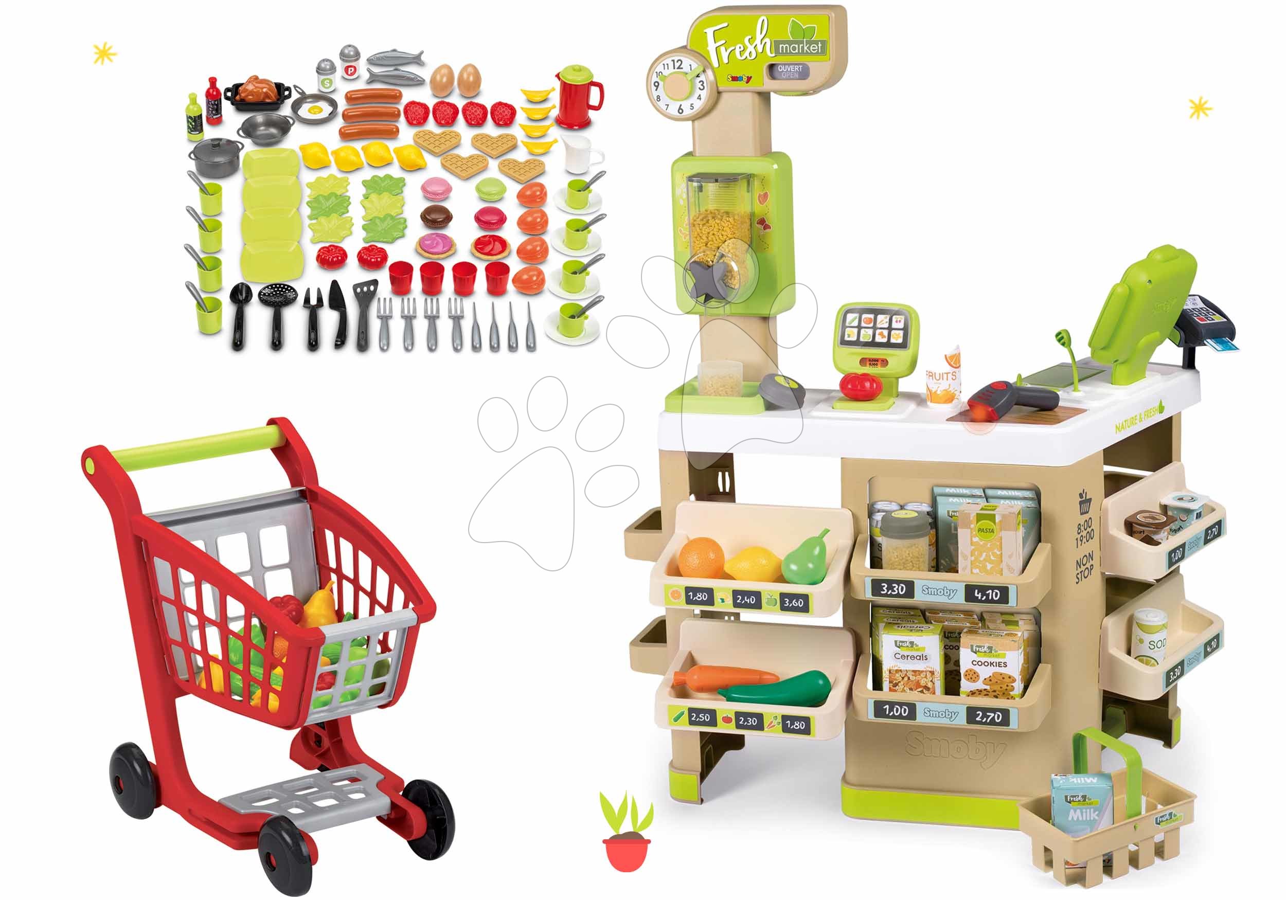 Set obchod Bio Ovocie-Zelenina Organic Fresh Market Smoby a nákupný vozík s potravinami a riadíkom
