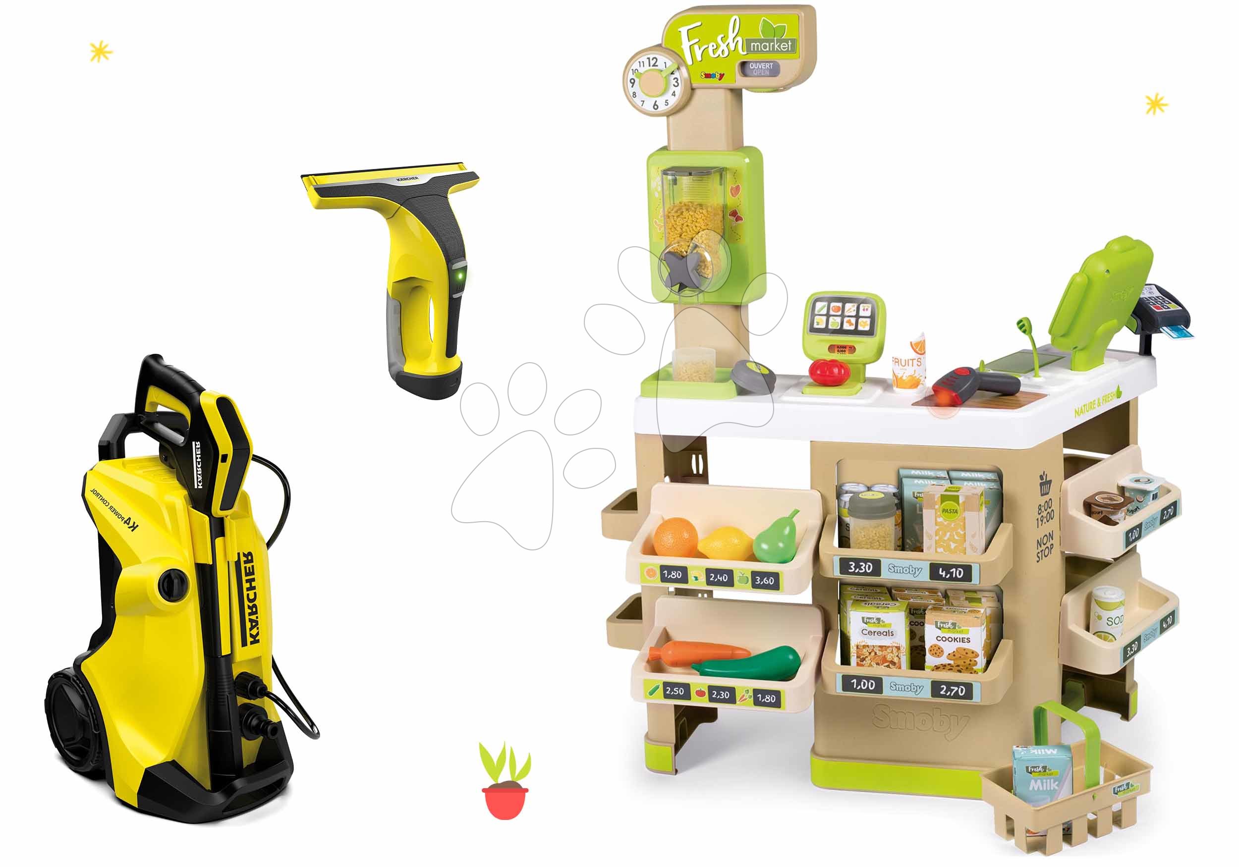 Set obchod Bio Ovocie-Zelenina Organic Fresh Market Smoby a vozík s vysokotlakovým čističom a elektronický čistič okien