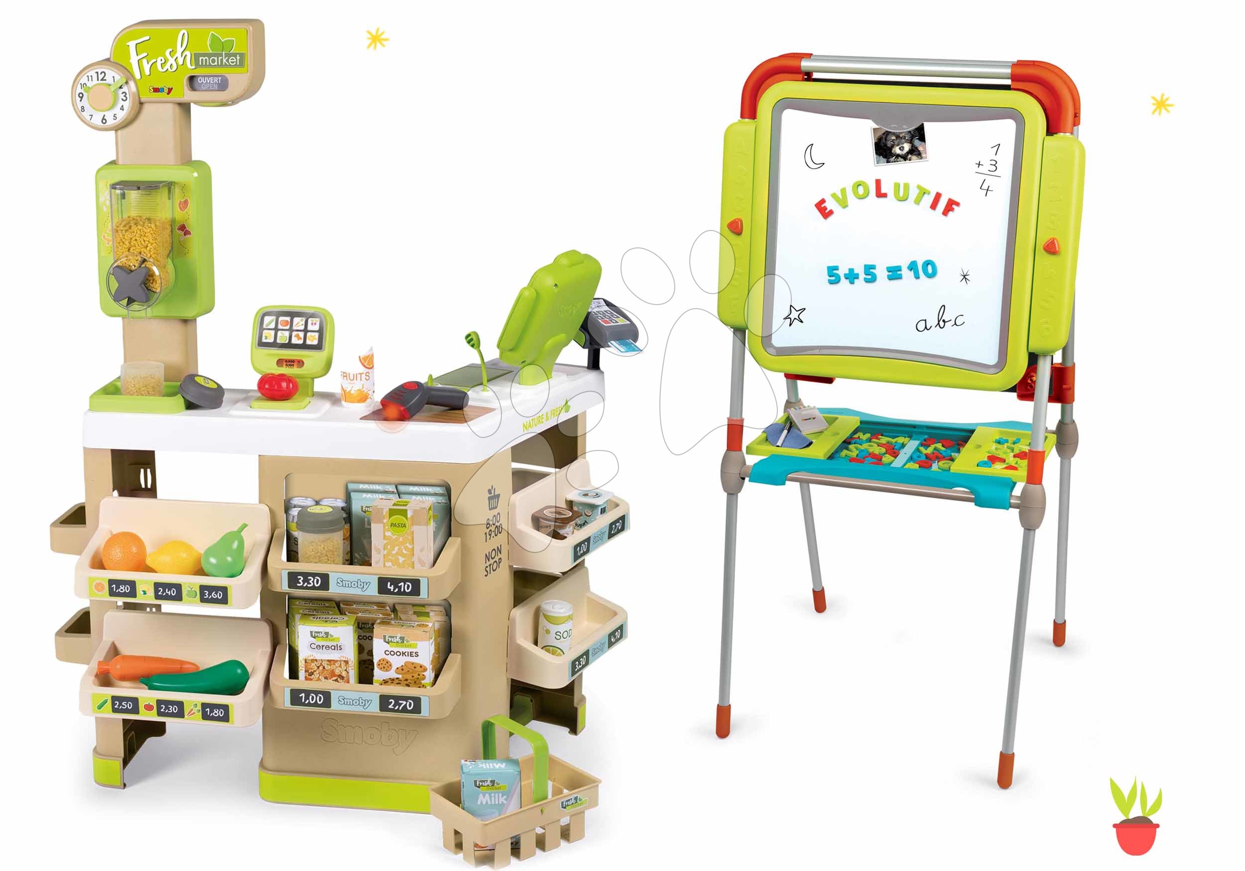 Obchody pre deti sety - Set obchod Bio Ovocie-Zelenina Organic Fresh Market Smoby a tabuľa na kreslenie s magnetkami Evolutiv