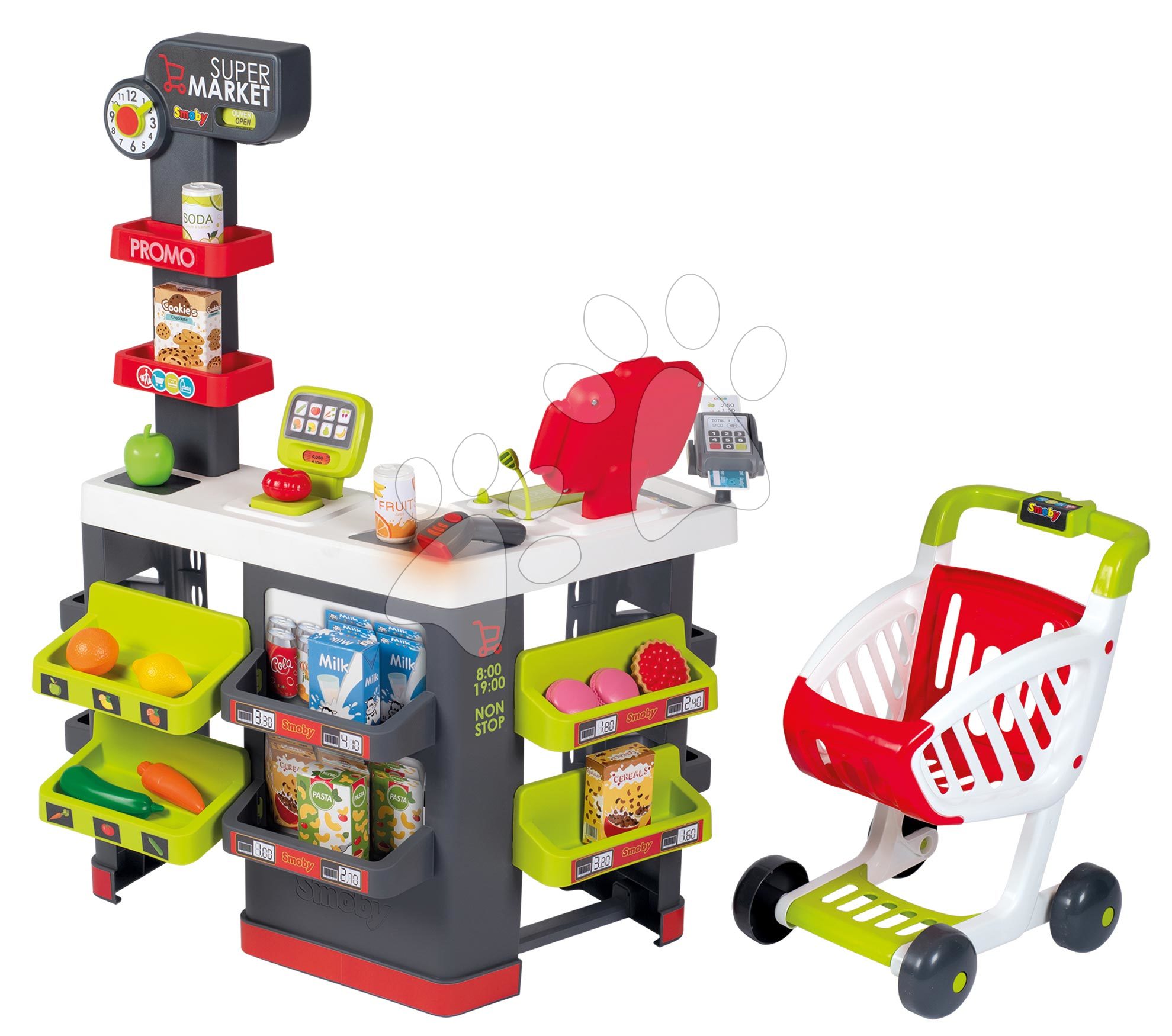 Obchody pro děti - Obchod elektronický s vozíkom Supermarket Smoby váha s funkčnou pokladňou a skenerom 42 doplnkov SM350234