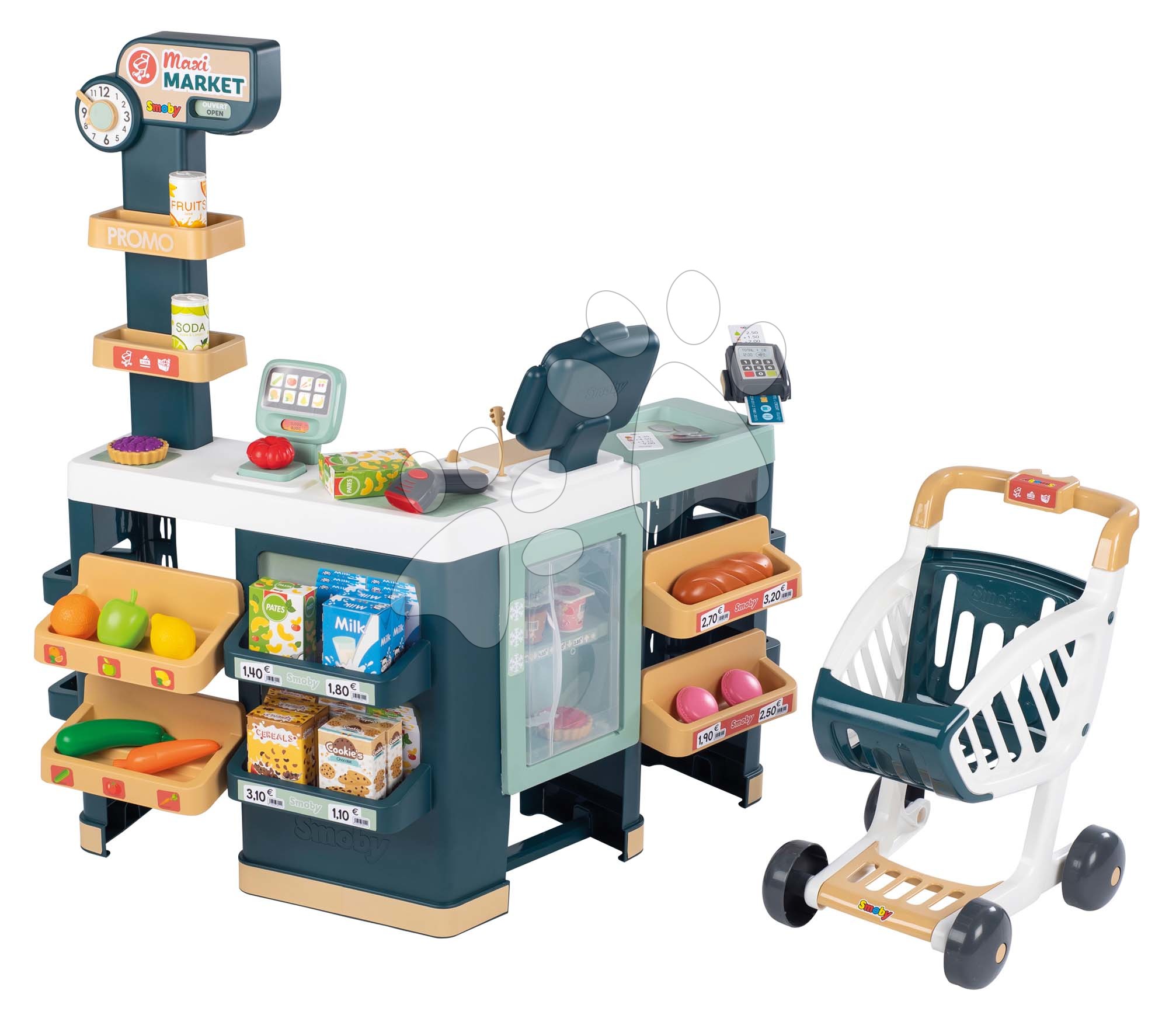 Supermarteturi pentru copii - Magazin electronic cu diferite produse și frigider Maxi Market Smoby cu casă de marcat cântar scanner și 50 accesorii 90 cm înălțime