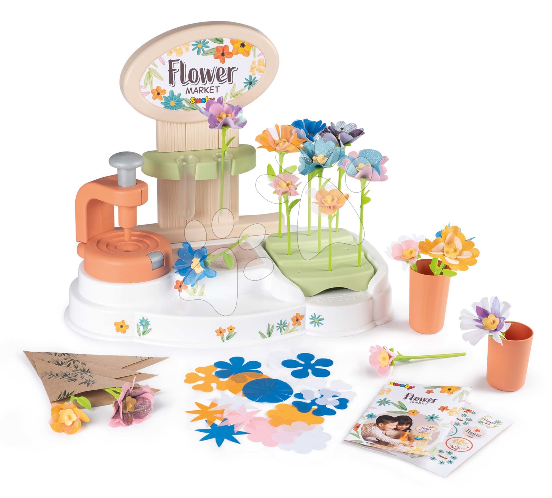 Obchody pro děti - Květinářství s vlastní výrobou květin Flower Market Smoby z různých textilních lupínků 104 doplňků