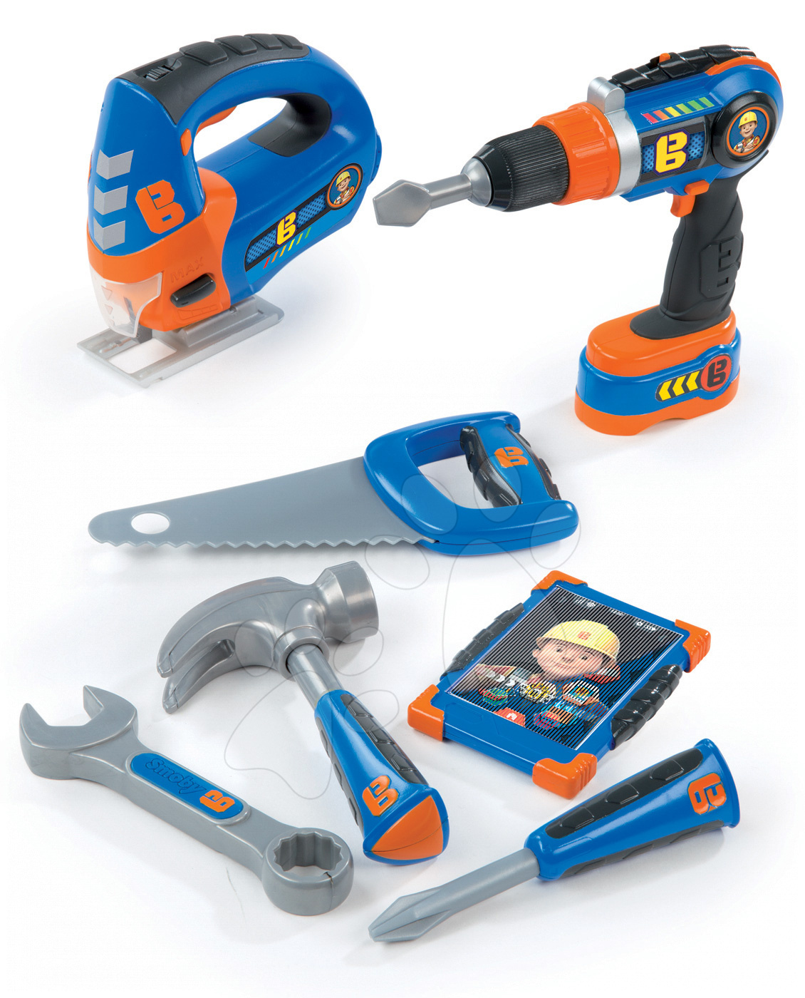 Narzędzia i sprzęty - Narzędzia warsztatowe Bob Budowniczy Smoby wiertarko-wkrętarką, wyrzynarką, telefonem komórkowym i 4 ręcznymi narzędziami