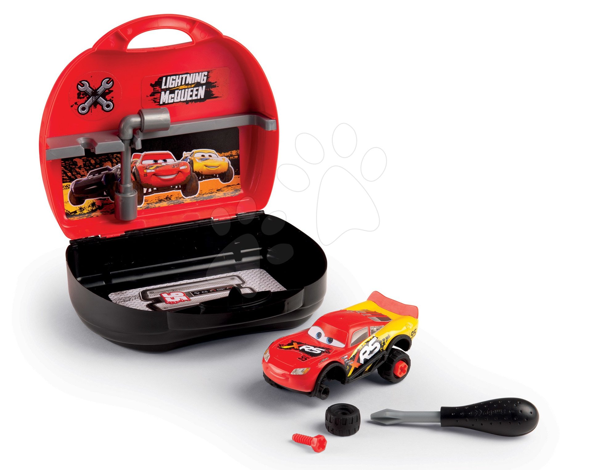 Játék szerelőasztalok - Koffer kisautóval Flash McQueen Cars XRS Smoby és szerszámokkal és 23 kiegészítővel