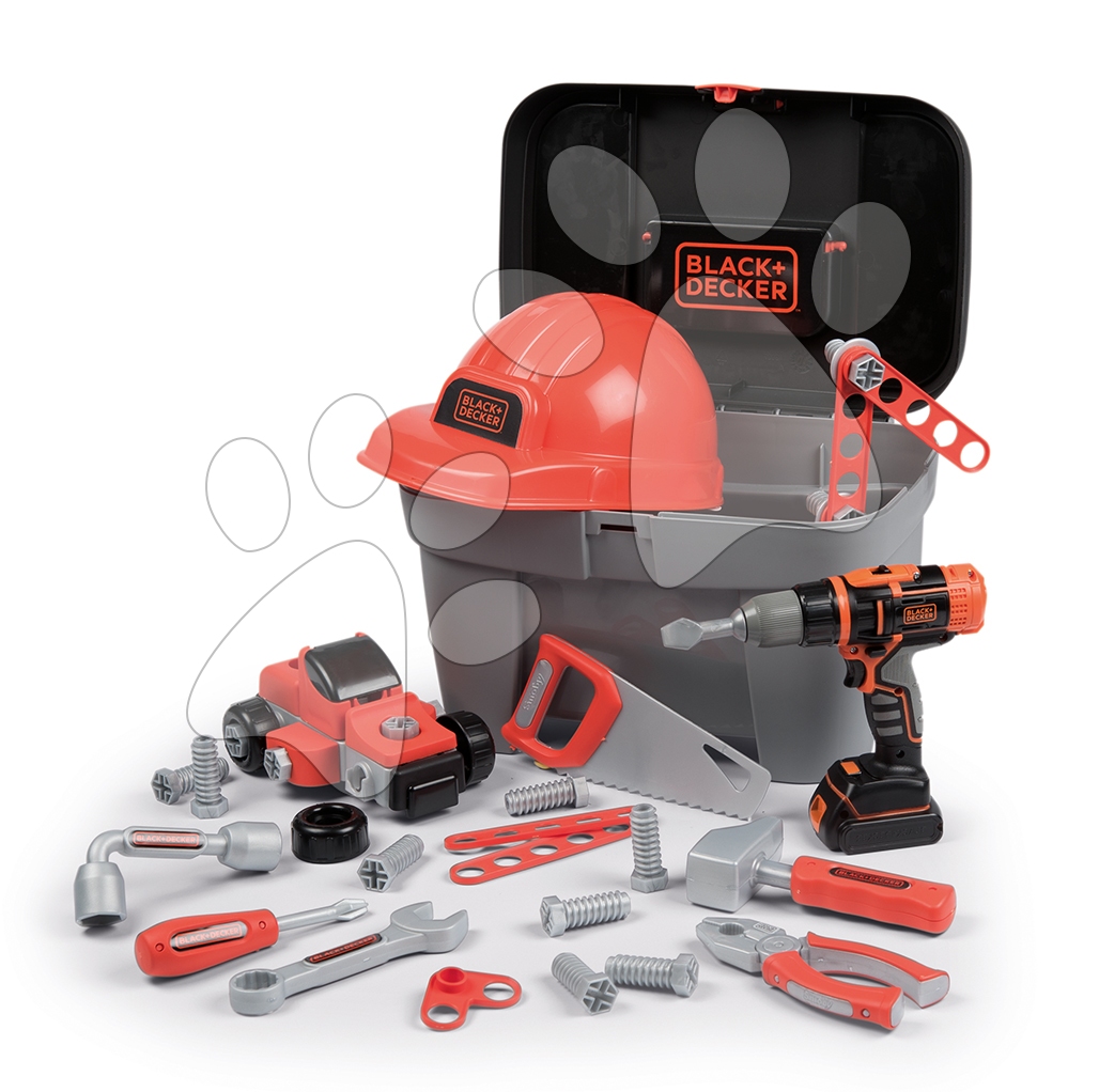 Bănci de lucru pentru copii - Valiză de lucru cu mașină de găurit mecanică Black+Decker Toolbox Smoby cu cască de protecție și mașinuță de jucărie pliabilă, 50 de accesorii de la 3 ani
