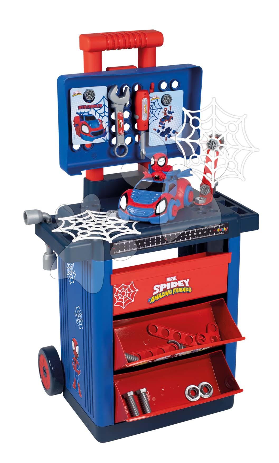 Pracovní stolek na kolečkách Spidey DIY Trolley Marvel Smoby s autíčkem figurkou a 45 pracovních doplňků