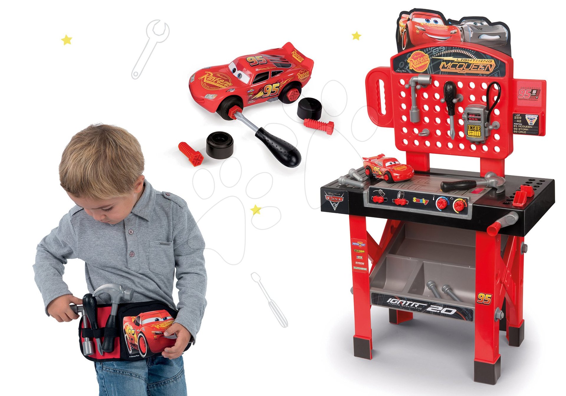 Dječja radionica setovi - Set radionica s autićem na sastavljanje Cars 3 Smoby i remen s alatom i patentnim zatvaračem