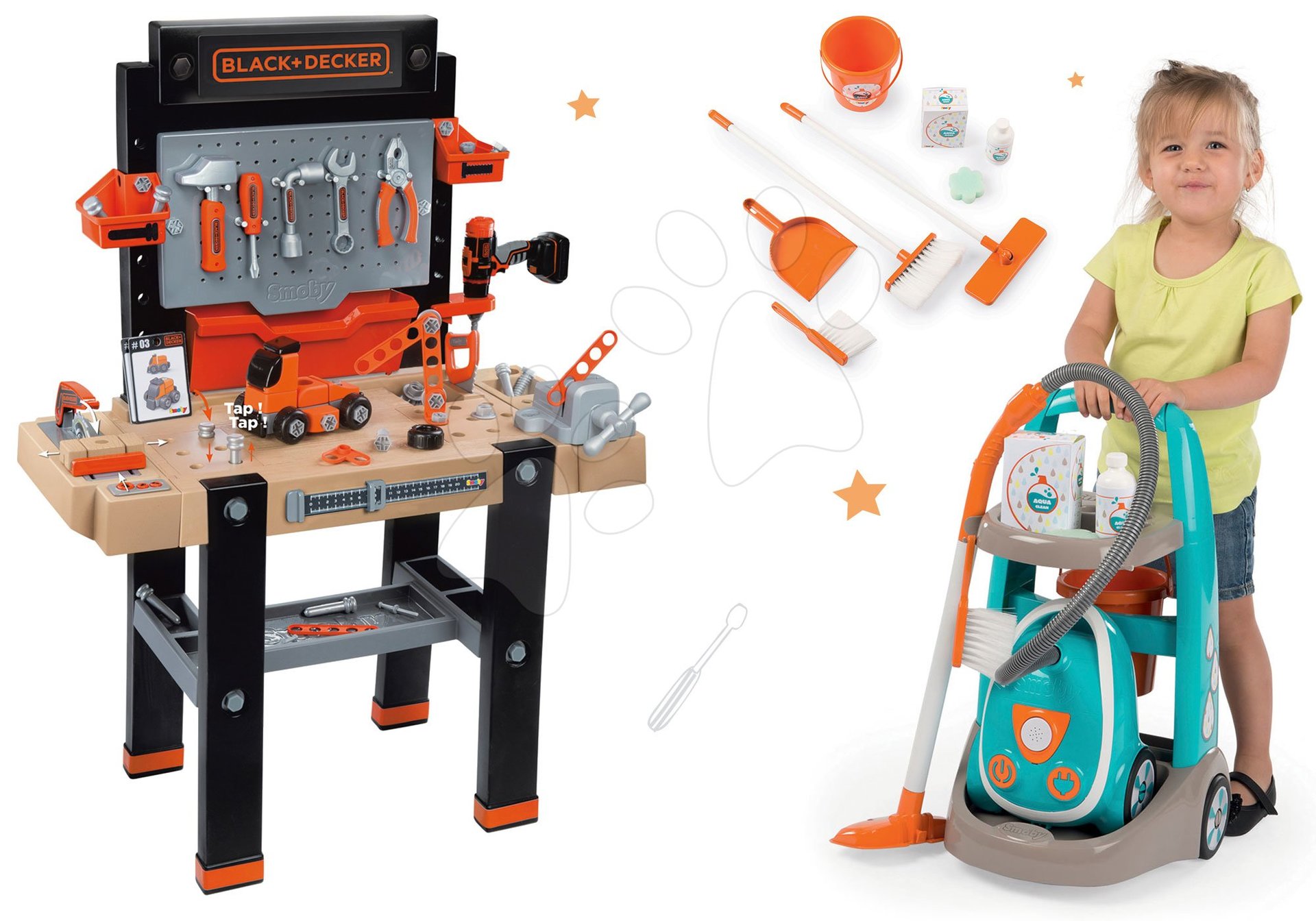 Smoby set pracovná dielňa Black+Decker a upratovací vozík s elektronickým vysávačom 360702-3