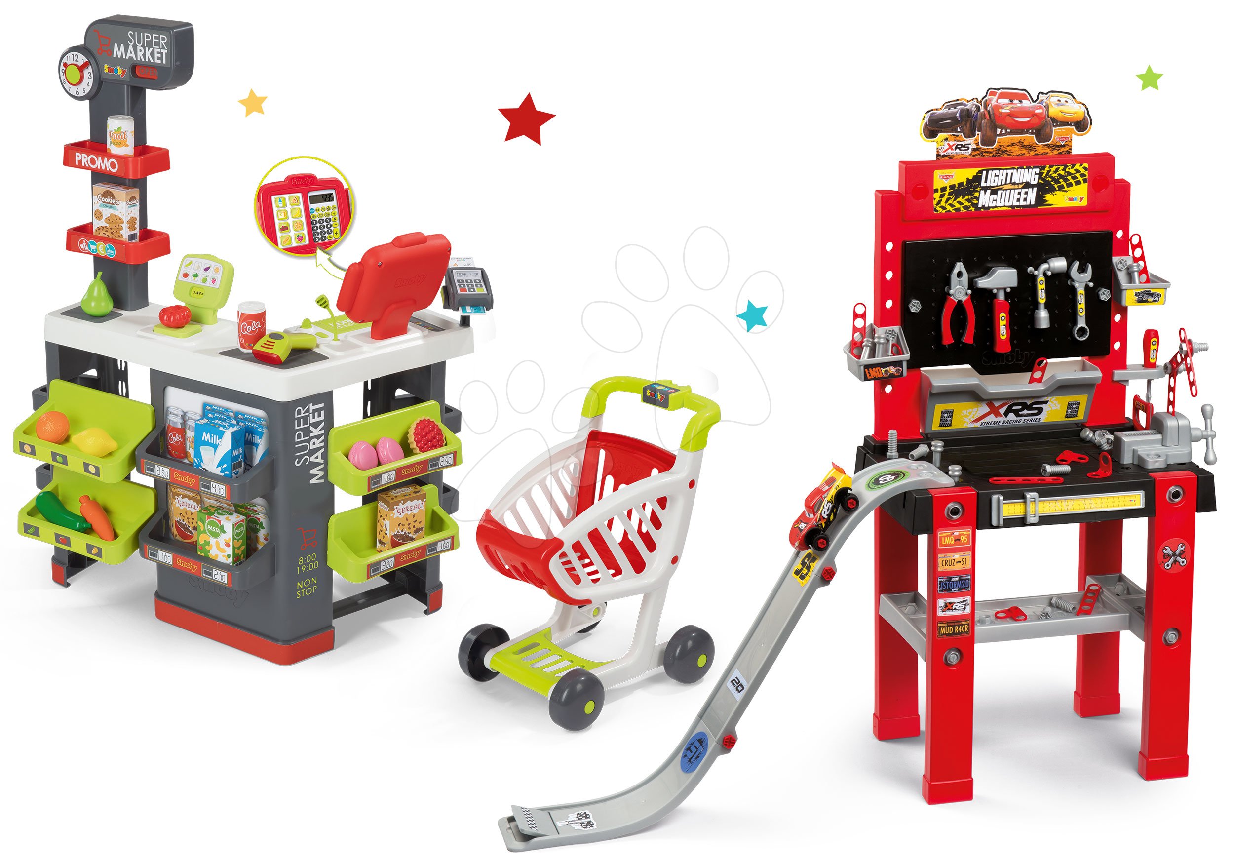 Dječja radionica setovi - Set radionica sa skakačkom rampom Cars 3 Smoby i trgovina Supermarket s elektroničkom blagajnom