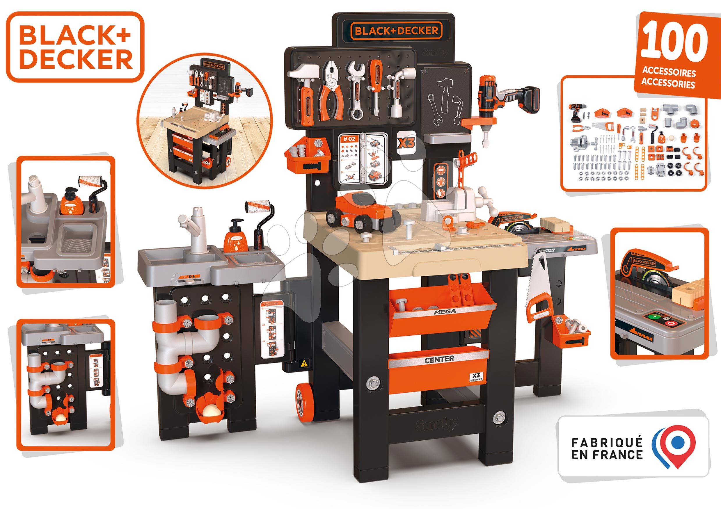 Pracovný stôl trojkrídlový Black&Decker Mega Center Smoby strojárstvo inštalatérstvo maľovanie a tesárstvo 100 doplnkov 103 cm výška