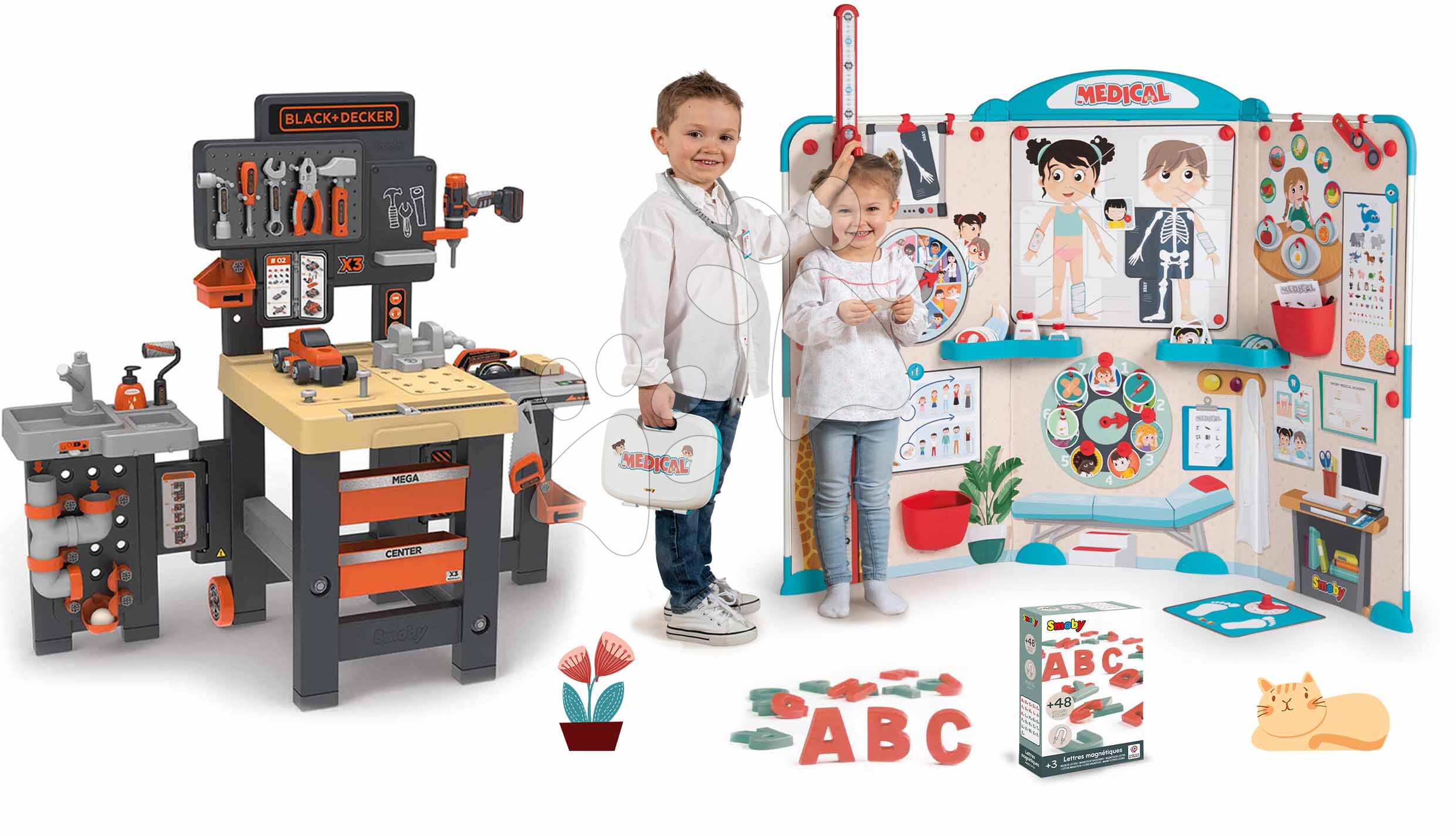 Set pracovný stôl trojkrídlový a lekárska ordinácia Black&Decker Mega Center Smoby s magnetickými písmenkami