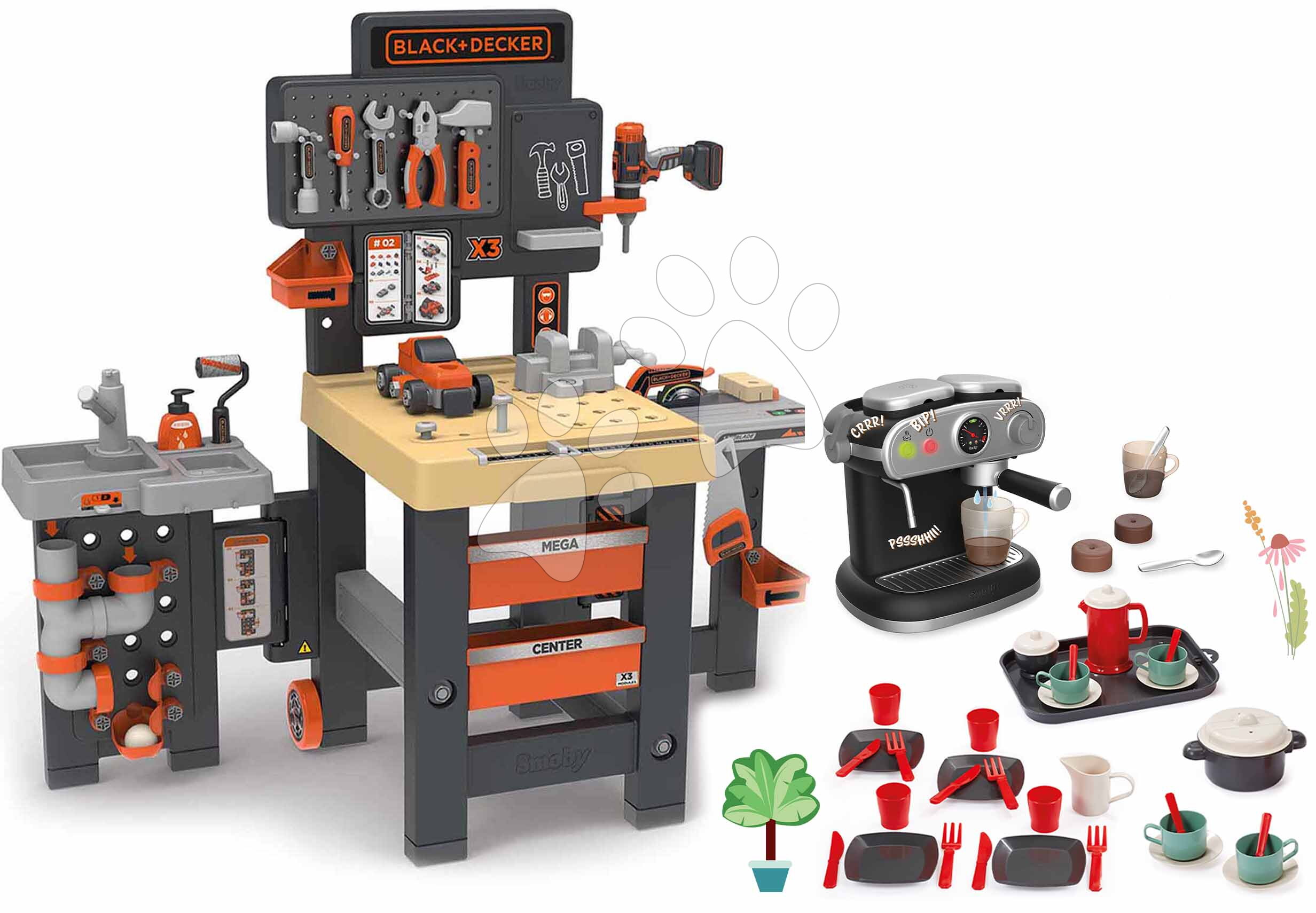 Set pracovný stôl trojkrídlový a kávovar Black&Decker Mega Center Smoby s jedálenskou súpravou