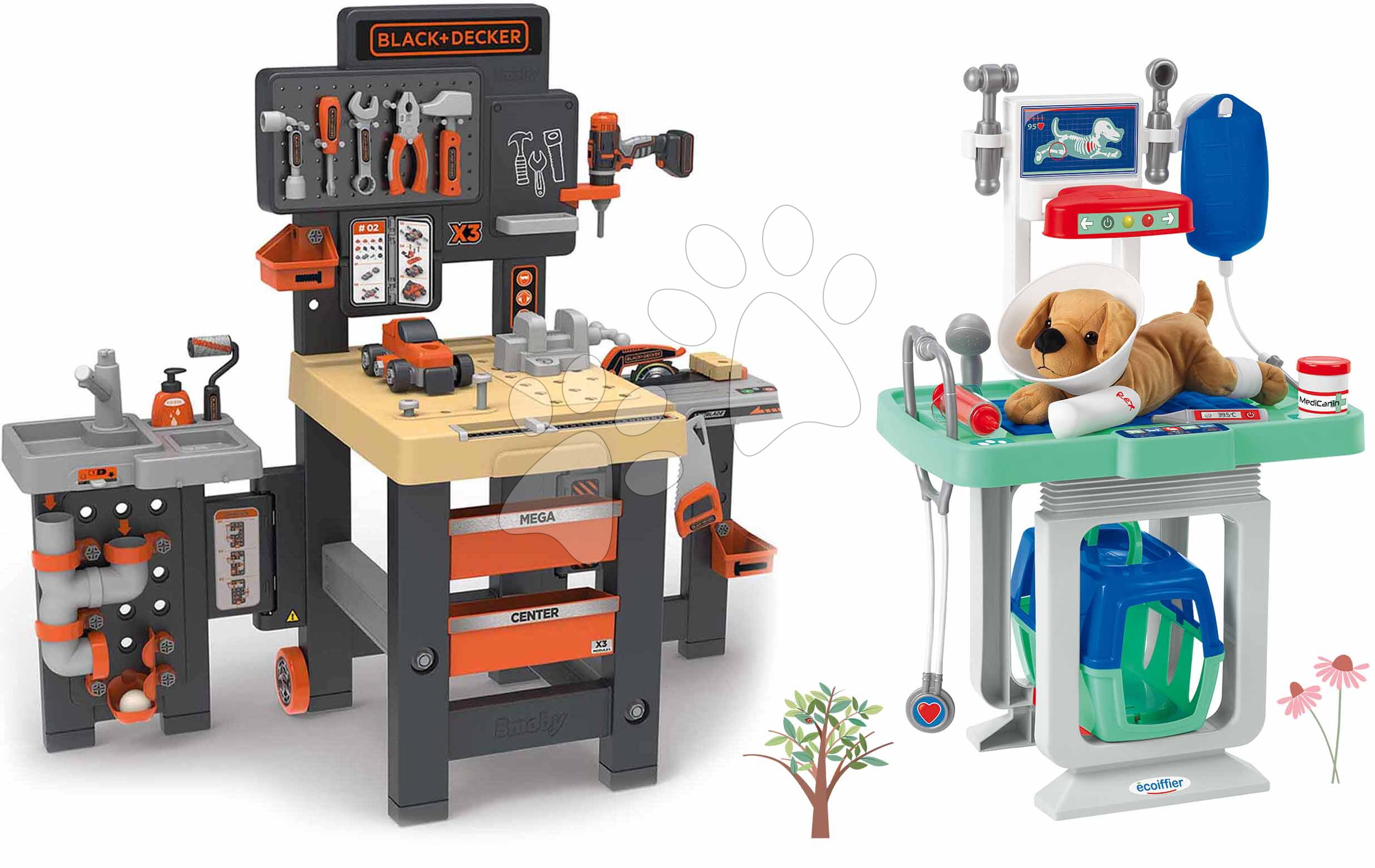 Set pracovný stôl trojkrídlový a zverolekársky vozík Black&Decker Mega Center Smoby s plyšovým psíkom