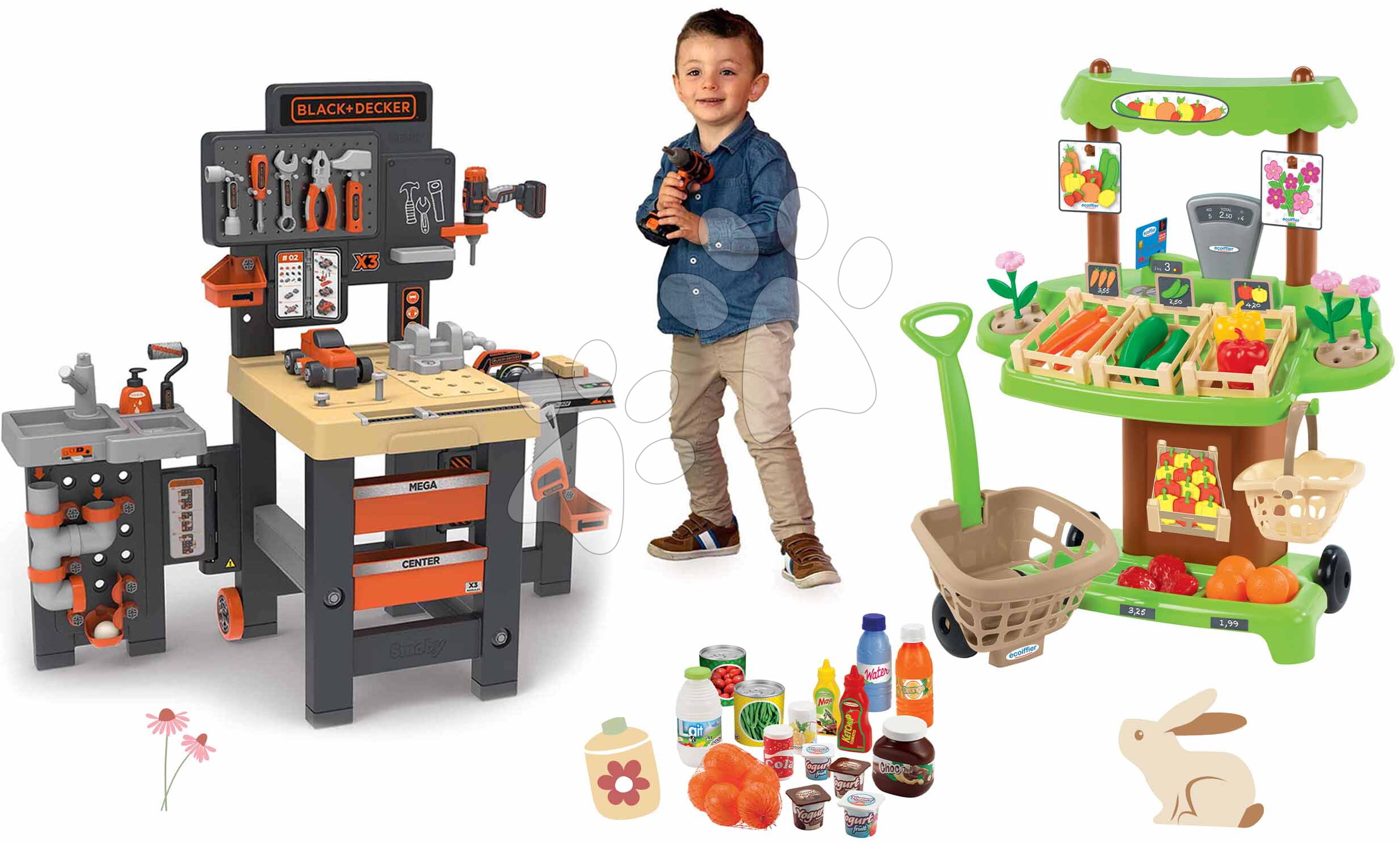 Set pracovní stůl trojkřídlý a zeleninový stánek Black&Decker Mega Center Smoby s potravinami