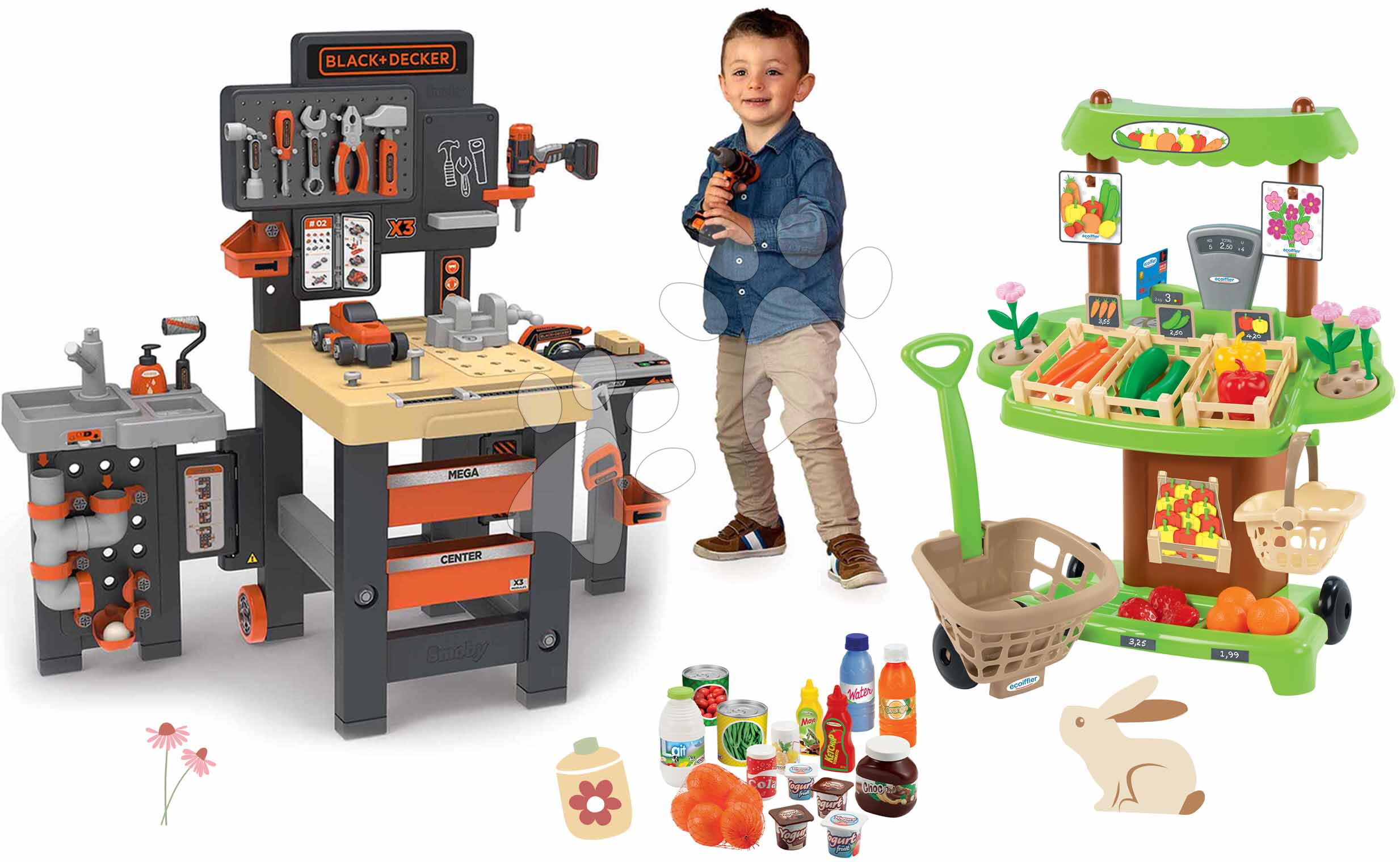 Set pracovný stôl trojkrídlový a zeleninový stánok Black&Decker Mega Center Smoby s potravinami