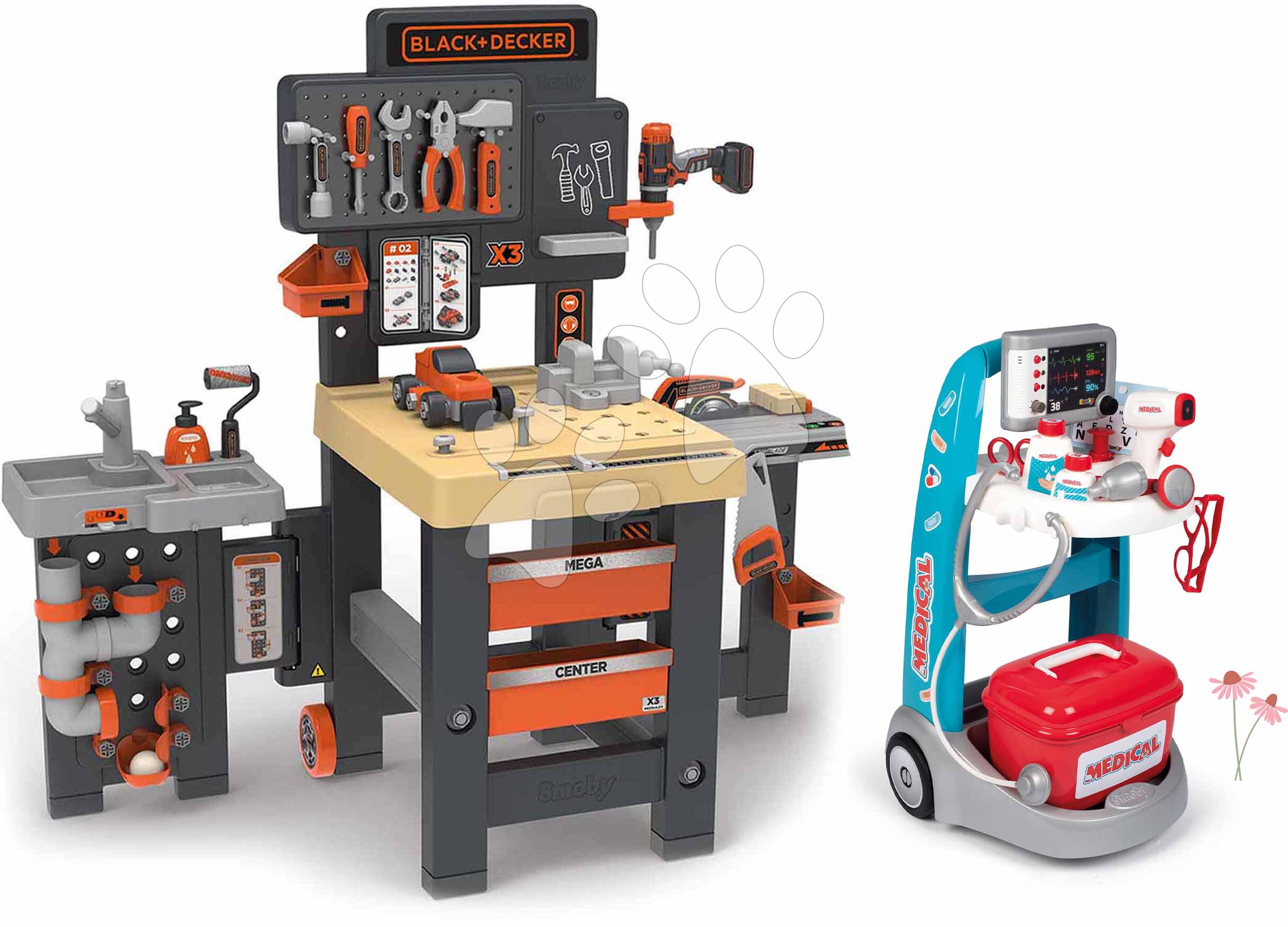 Set pracovný stôl trojkrídlový a lekársky vozík Black&Decker Mega Center Smoby so zvukmi a svetlom