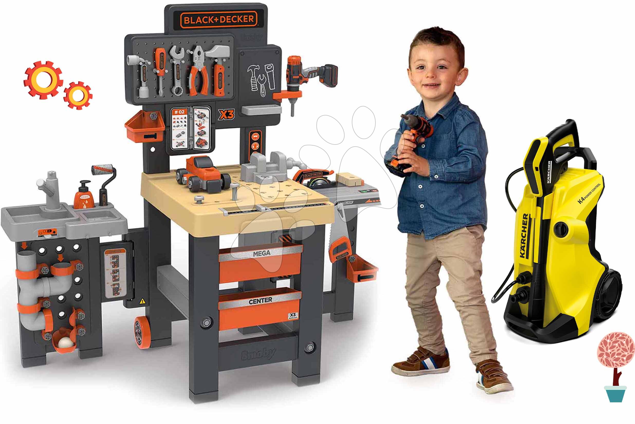 Set pracovný stôl trojkrídlový Black&Decker Mega Center Smoby a vysokotlaková vapka Kärcher