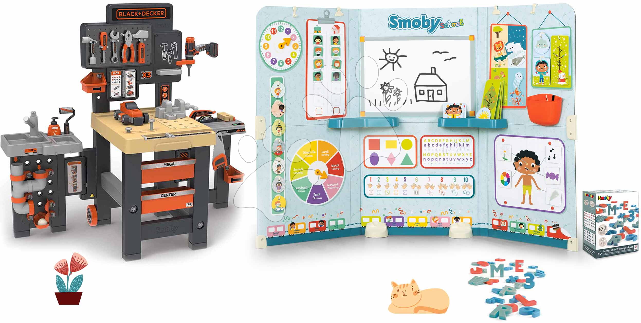 Set pracovní stůl trojkřídlý a škola s třídou Black&Decker Mega Center Smoby Pro předškoláky s abecedou