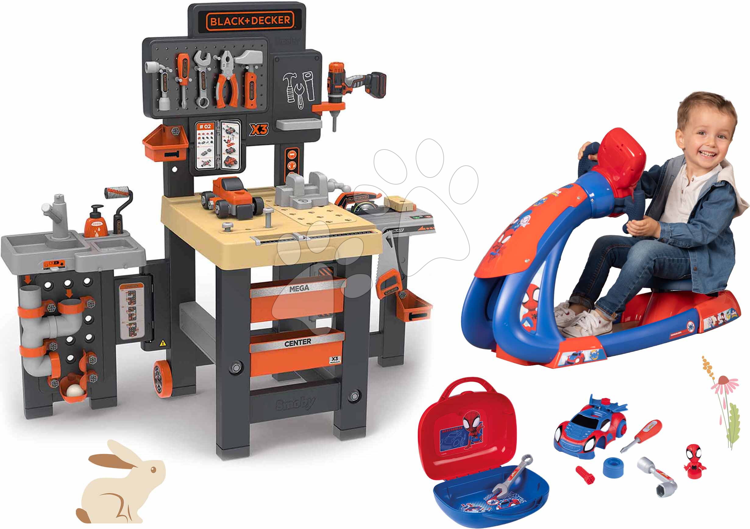 Set pracovní stůl trojkřídlý a trenažér Spidey Black&Decker Mega Center Smoby a kufřík s autíčkem