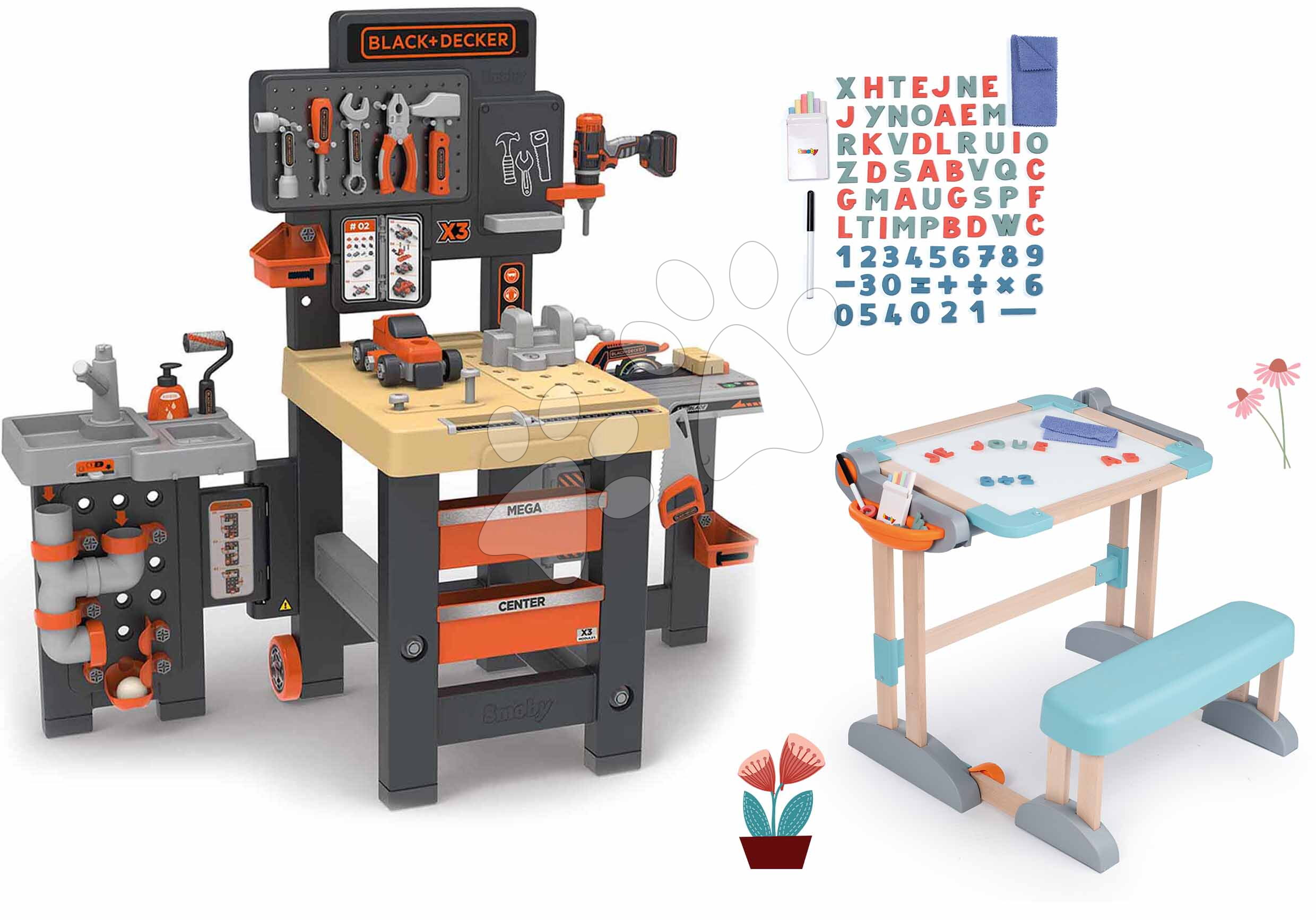Set pracovní stůl trojkřídlý a dřevěná lavice Black&Decker Mega Center Smoby na psaní a kreslení