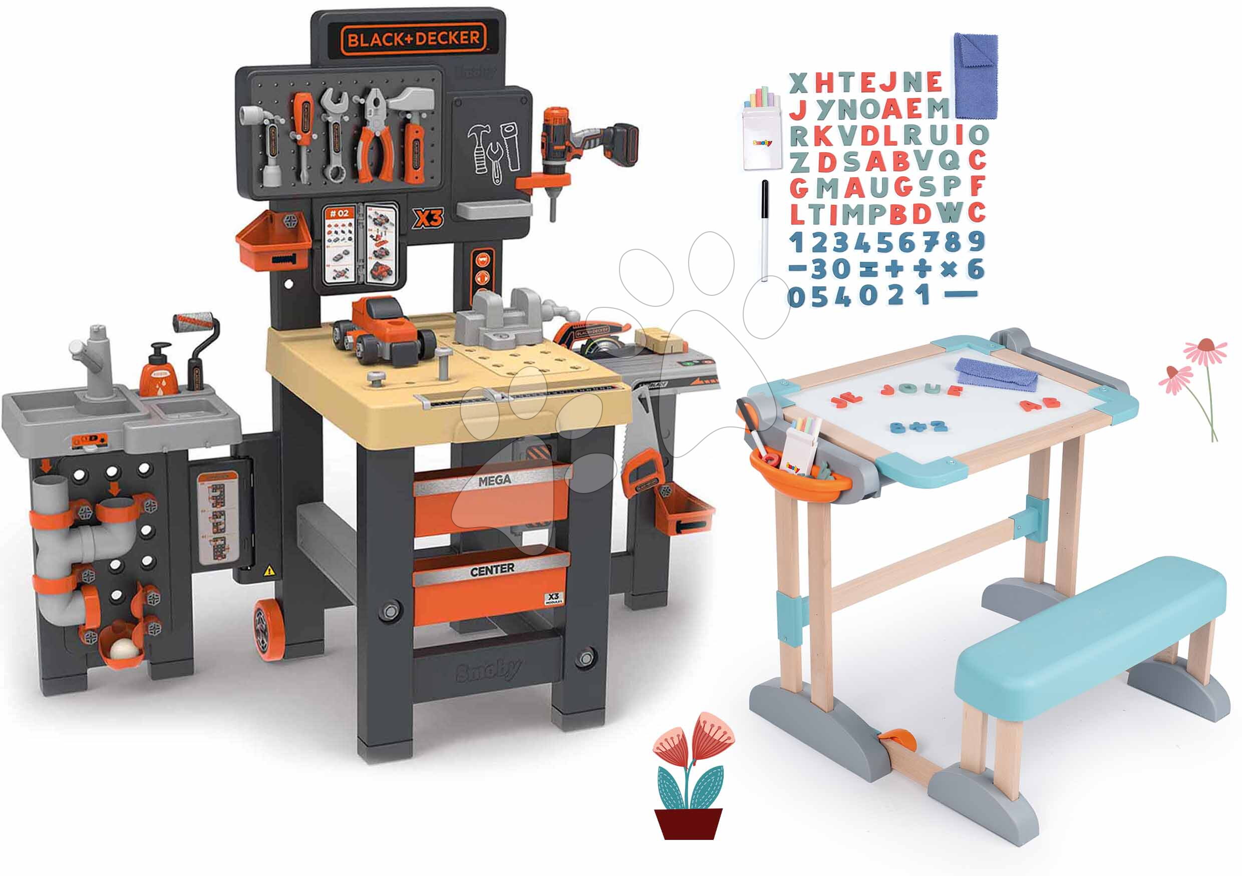 Set pracovný stôl trojkrídlový a drevená lavica Black&Decker Mega Center Smoby na písanie a kreslenie