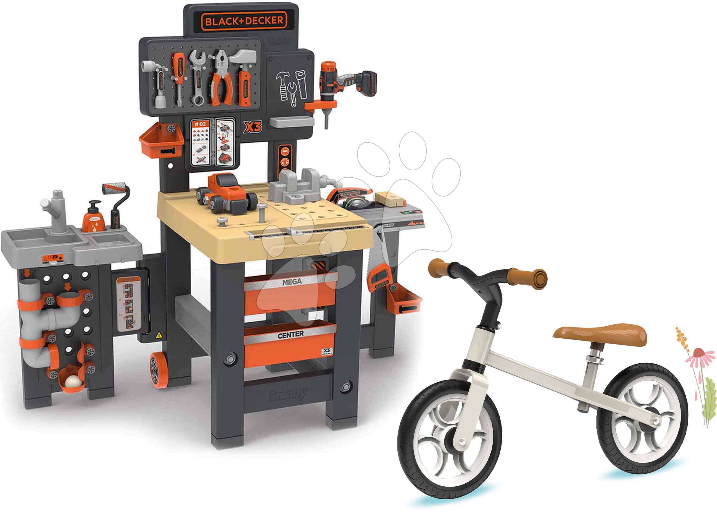 Set pracovní stůl trojkřídlý a balanční odrážedlo Black&Decker Mega Center Smoby s ultralehkou kovovou konstrukcí