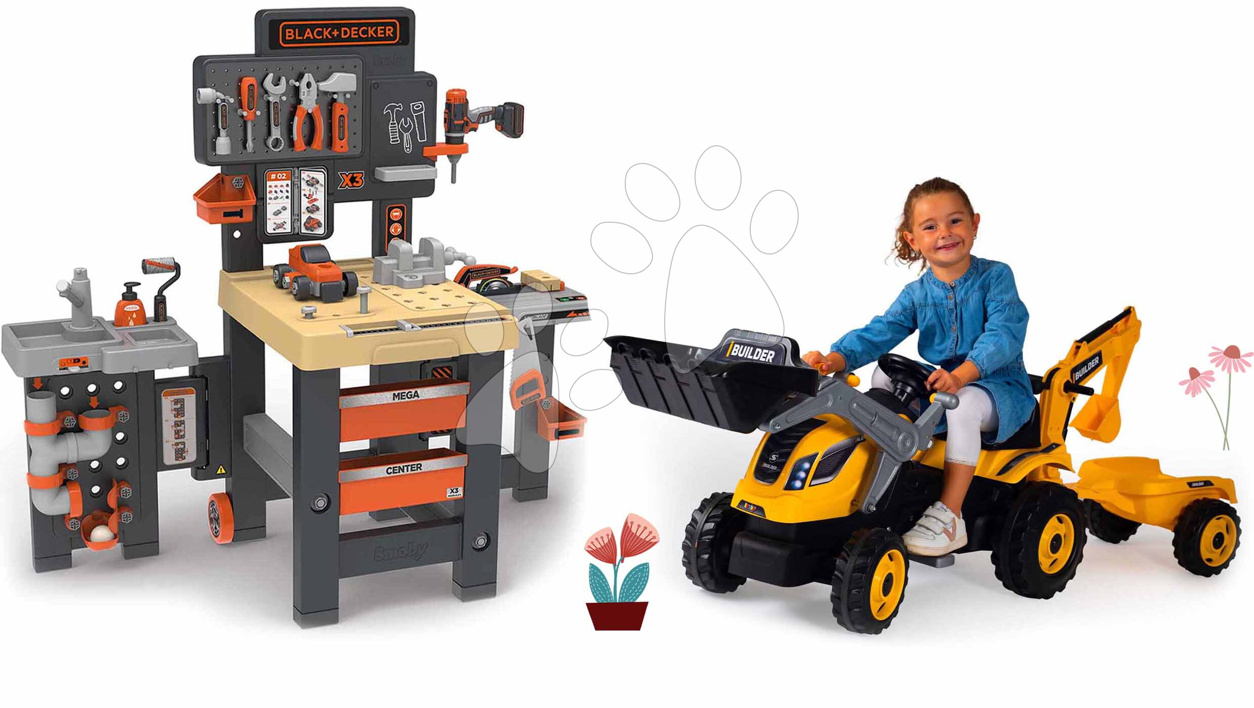 Set pracovní stůl trojkřídlý a traktor Black&Decker Mega Center Smoby na šlapání s nakladačem a bagrem
