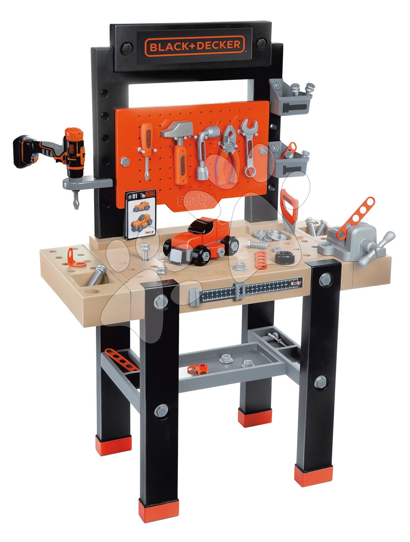 Pracovná dielňa s mechanickou vŕtačkou Black&Decker Bricolo Center Workbench Smoby so zatĺkačkou a skladacím autíčkom 92 doplnkov 103 cm výška