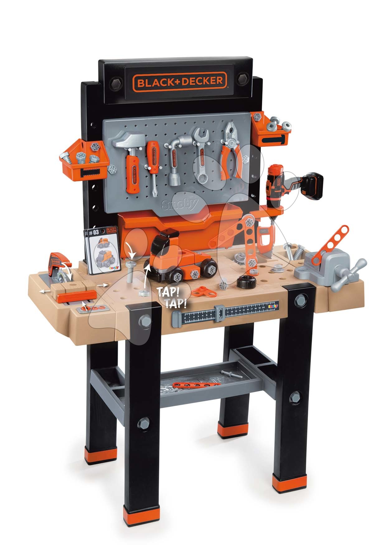 Szerelőműhely elektronikus Bricolo Ultimate Workbench Black&Decker Smoby mechanikus fúrógéppel 95 kiegészítővel 103 cm