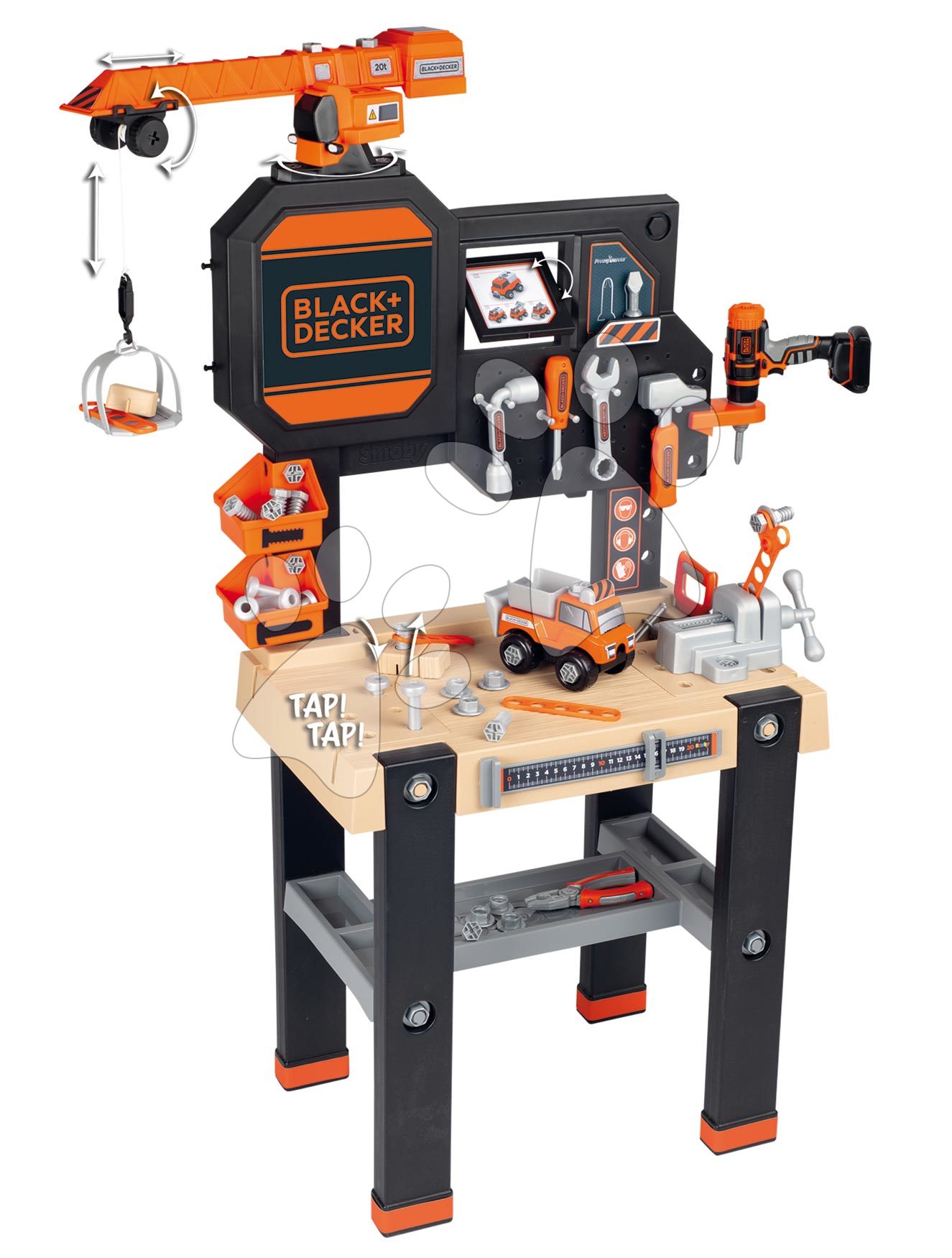 Pracovný stôl s funkčným žeriavom Black&Decker Bricolo Builder Smoby so stavebnicou auto a vŕtačkou a 94 doplnkov 117 cm výška