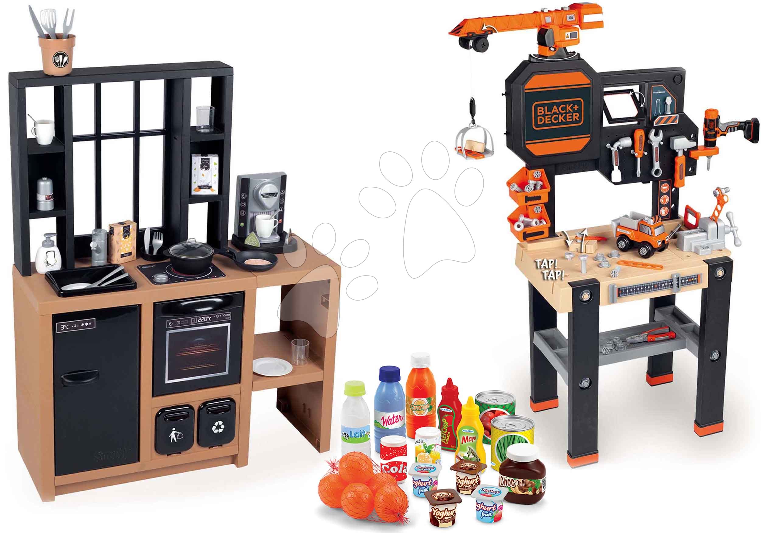 Játék szerelőasztalok - Szett munkapad funkcionális daruval Black&Decker Bricolo Builder és modern játékkonyha Smoby kávéfőzővel és 100% Chef élelmiszerekkel