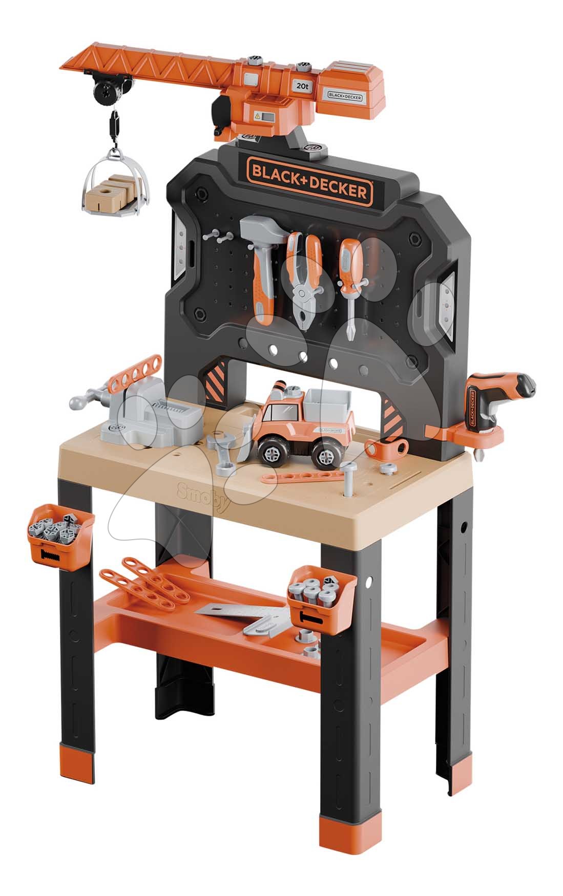 Pracovný stôl s mechanickým žeriavom Bricolo Builder Black&Decker Smoby so skladacím autíčkom a vŕtačkou 92 doplnkov 102 cm výška