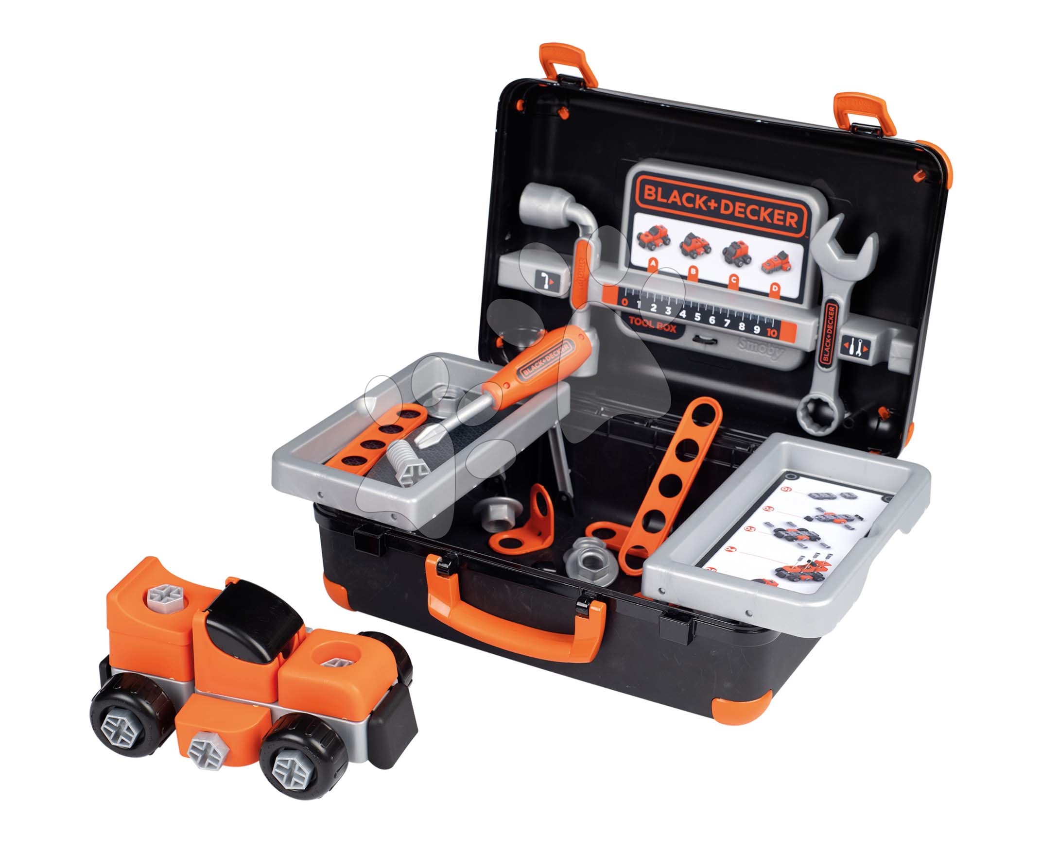 E-shop Pracovný kufrík Bricolo Box Black&Decker Smoby s rozoberateľným autíčkom a 39 doplnkami