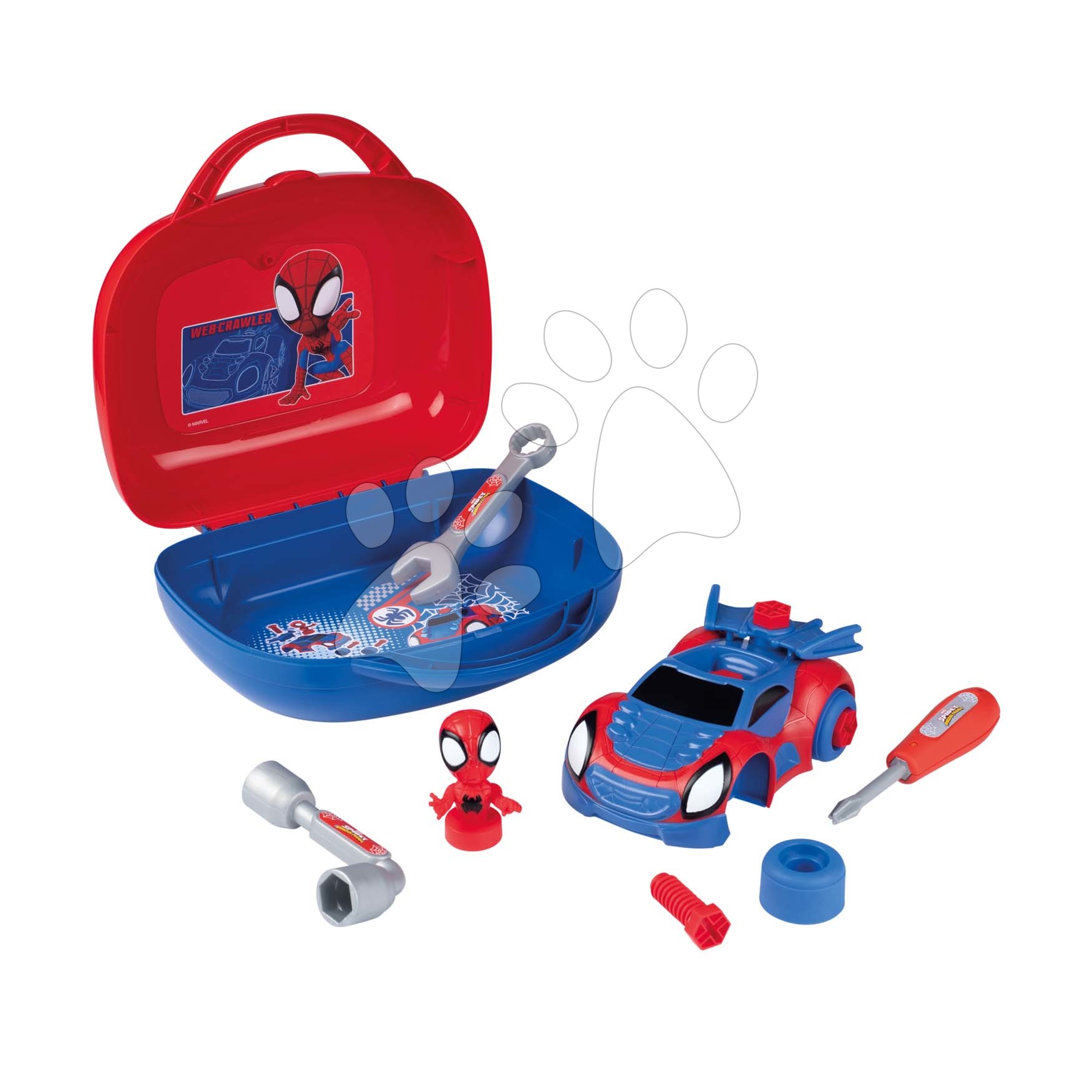 Oprema in orodje - Kovček z sestavljivim avtomobilčkom Spidey Box Spidey Marvel Smoby s figurico in delovnim orodjem 13 delov