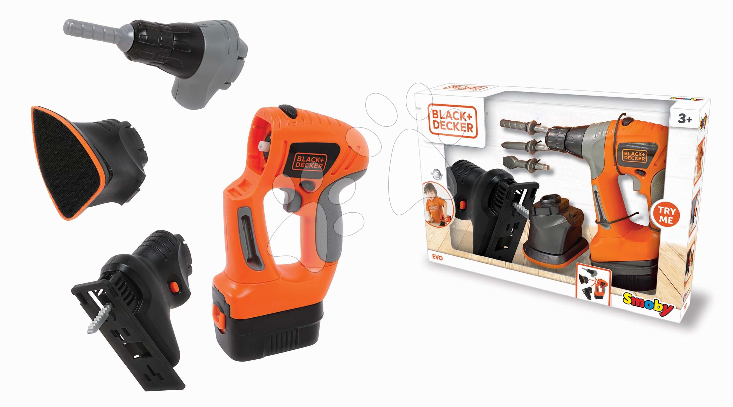 Elektronikus szerszám EVO Black&Decker Smoby fúrófejekkel dekopírfűrésszel csiszolóval és fúróval 3 évtől